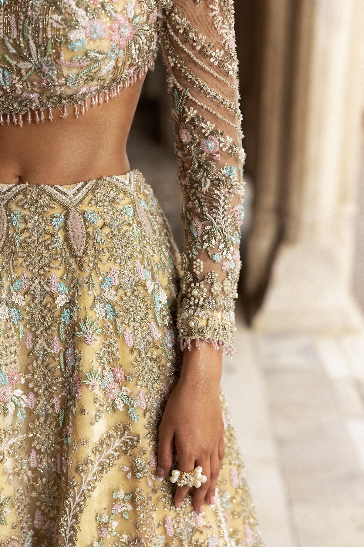 Saad Bin Shahzad Deeba – light yellow embroidered lehenga choli from Sona Gachi Bridals'24 – view 4