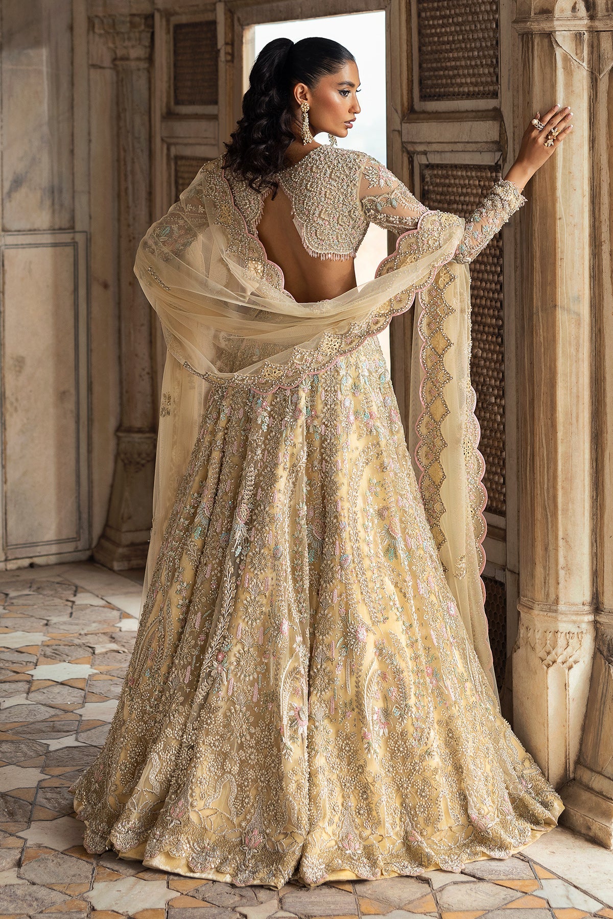 Saad Bin Shahzad Deeba – light yellow embroidered lehenga choli from Sona Gachi Bridals'24 – view 8