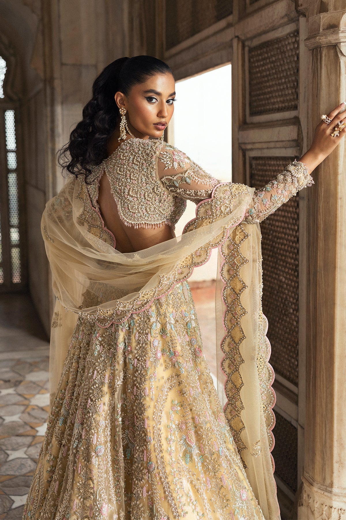Saad Bin Shahzad Deeba – light yellow embroidered lehenga choli from Sona Gachi Bridals'24 – view 11