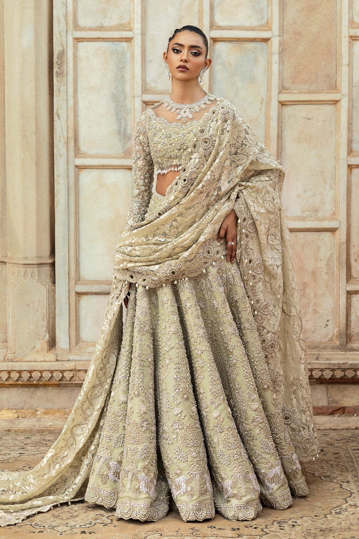 Saad Bin Shahzad Cima – pistachio green embellished lehenga choli from Sona Gachi Bridals'24