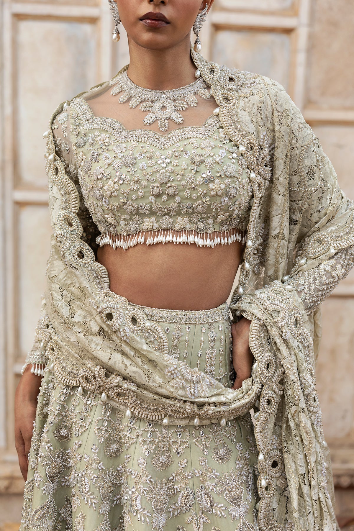 Saad Bin Shahzad Cima – pistachio green embellished lehenga choli from Sona Gachi Bridals'24 – view 3
