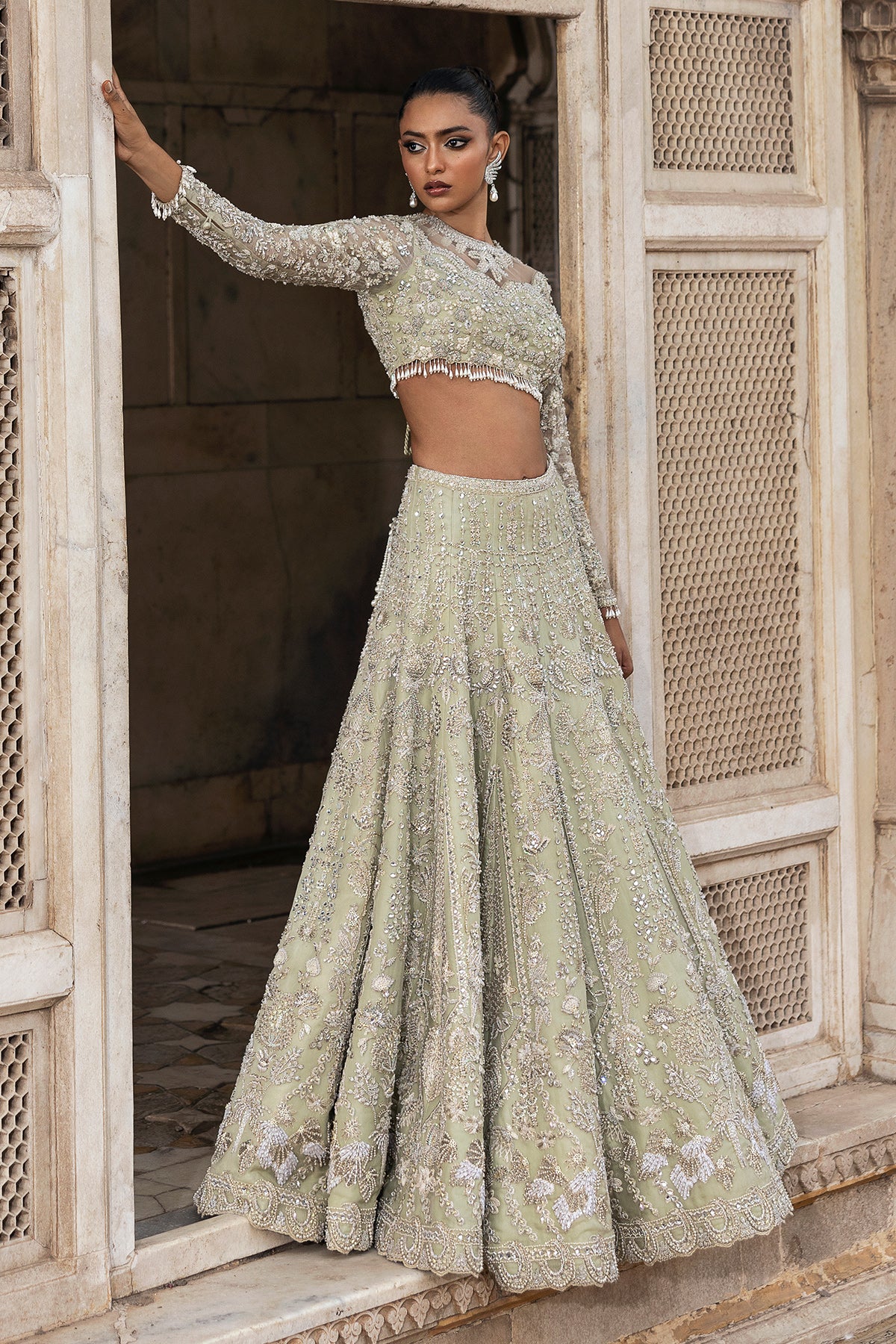 Saad Bin Shahzad Cima – pistachio green embellished lehenga choli from Sona Gachi Bridals'24 – view 7