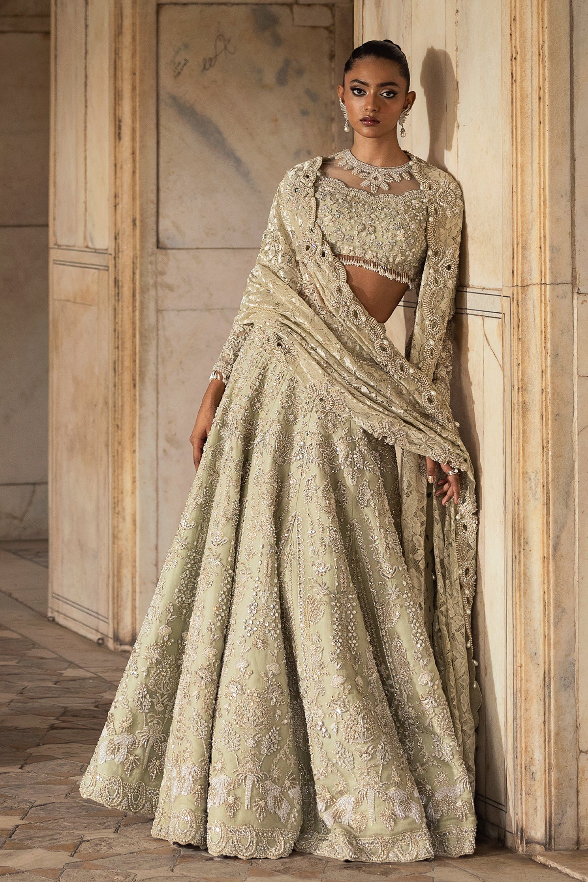 Saad Bin Shahzad Cima – pistachio green embellished lehenga choli from Sona Gachi Bridals'24 – view 8