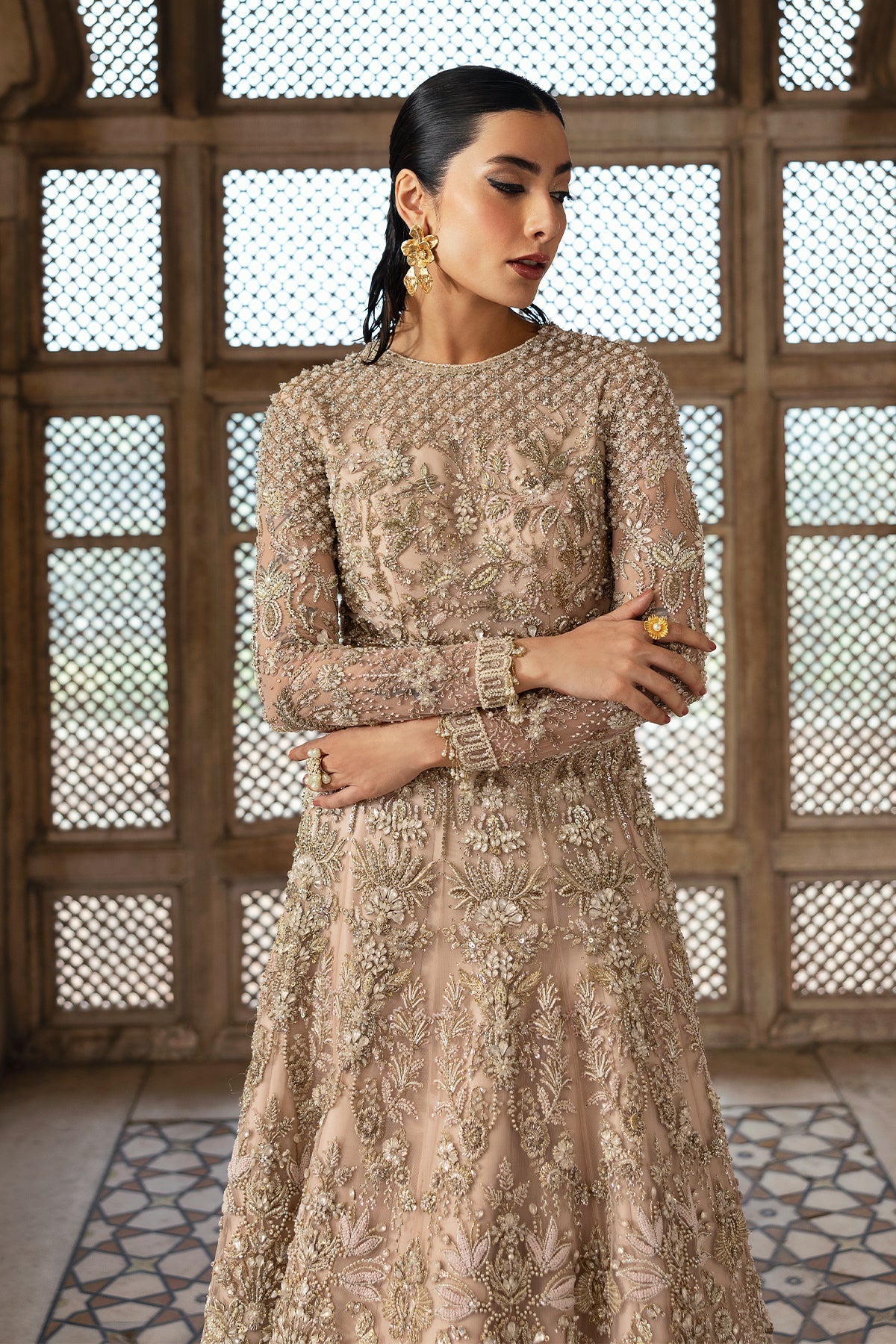 Saad Bin Shahzad Nazneen – nude pink pishwas with lehenga from Sona Gachi Bridals'24 – view 10