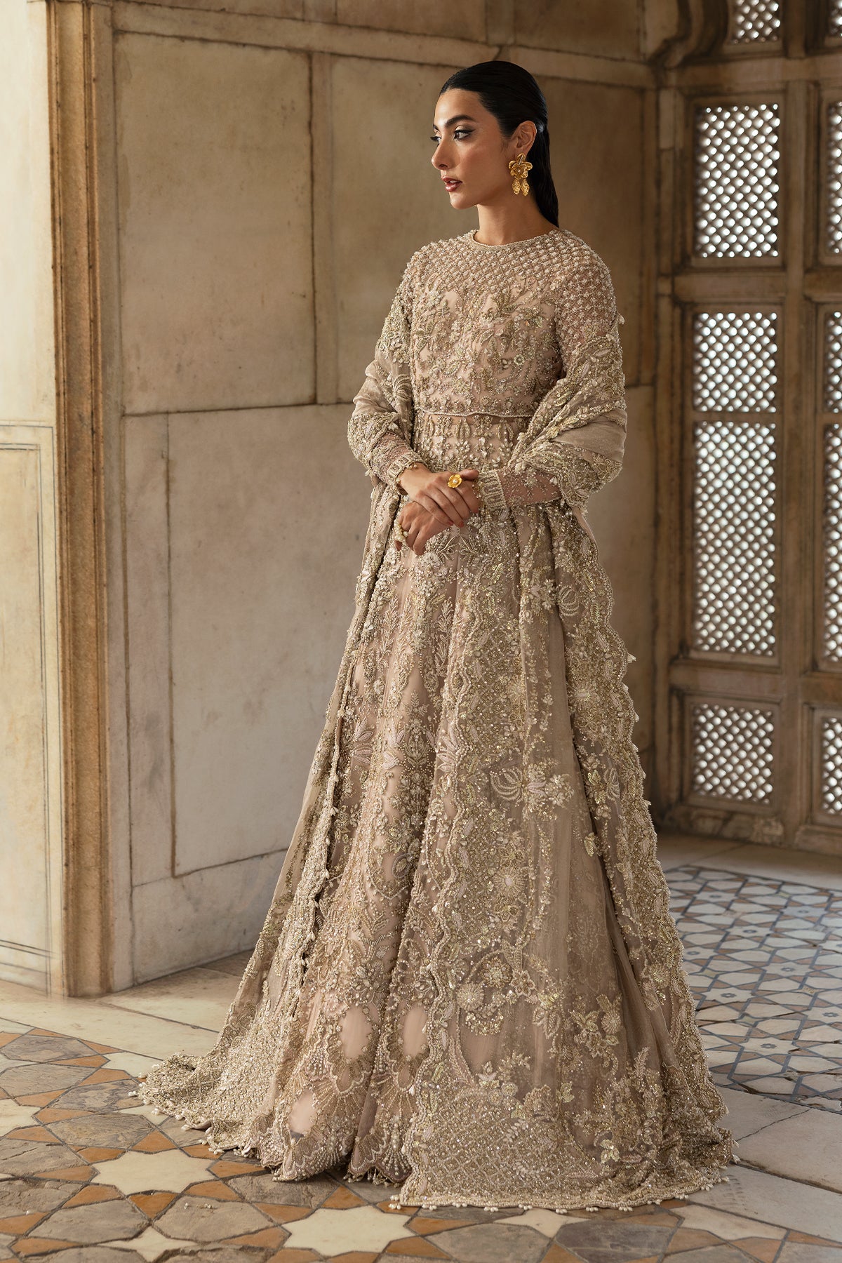 Saad Bin Shahzad Nazneen – nude pink pishwas with lehenga from Sona Gachi Bridals'24 – view 15