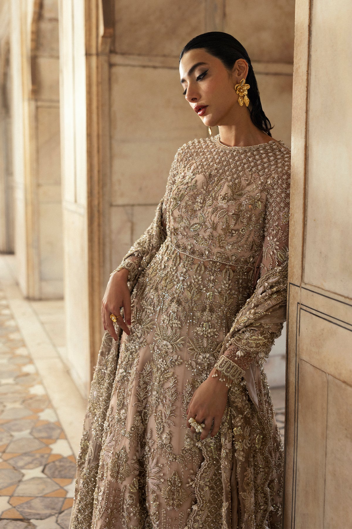Saad Bin Shahzad Nazneen – nude pink pishwas with lehenga from Sona Gachi Bridals'24 – view 16