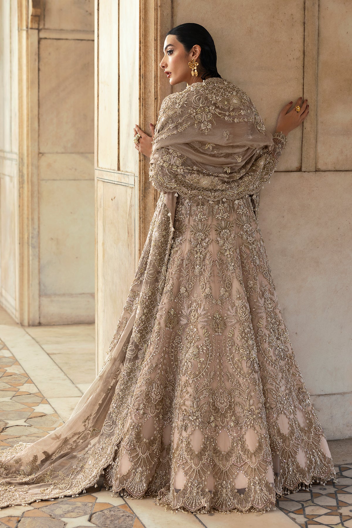 Saad Bin Shahzad Nazneen – nude pink pishwas with lehenga from Sona Gachi Bridals'24 – view 19