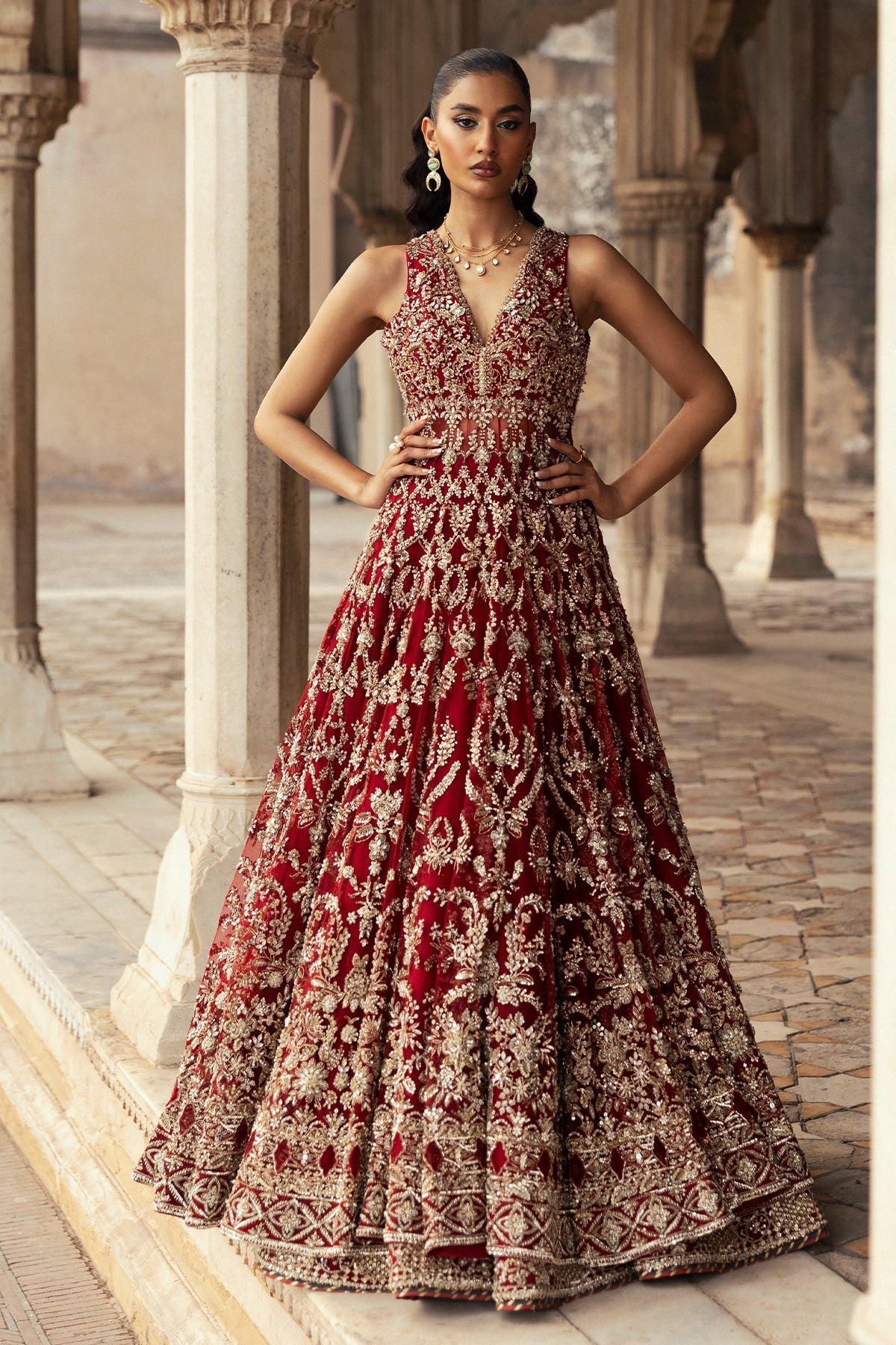 Saad Bin Shahzad Ruhi – deep red gold embroidered bridal pishwas from Sona Gachi Bridals'24 – view 7