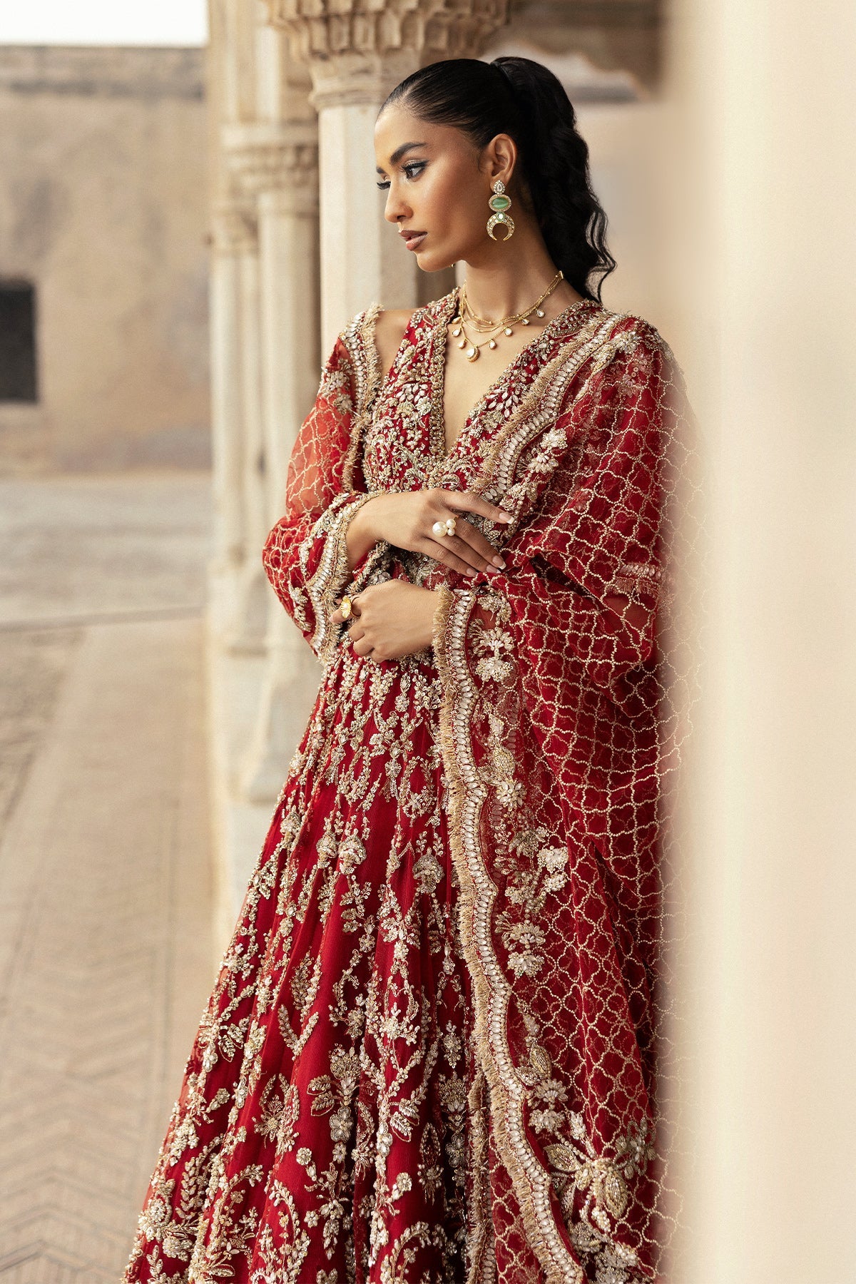 Saad Bin Shahzad Ruhi – deep red gold embroidered bridal pishwas from Sona Gachi Bridals'24 – view 3