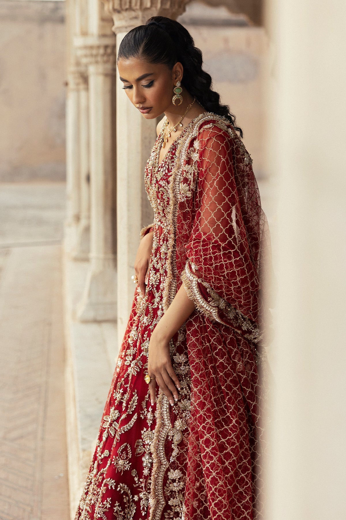 Saad Bin Shahzad Ruhi – deep red gold embroidered bridal pishwas from Sona Gachi Bridals'24 – view 8