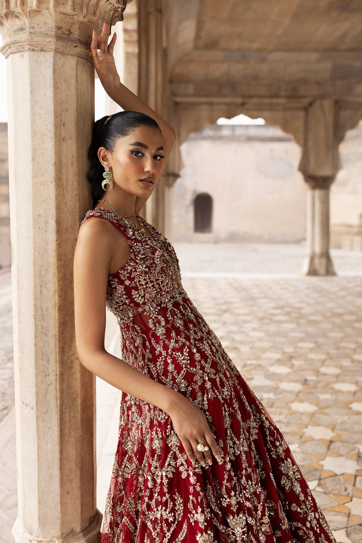 Saad Bin Shahzad Ruhi – deep red gold embroidered bridal pishwas from Sona Gachi Bridals'24 – view 9