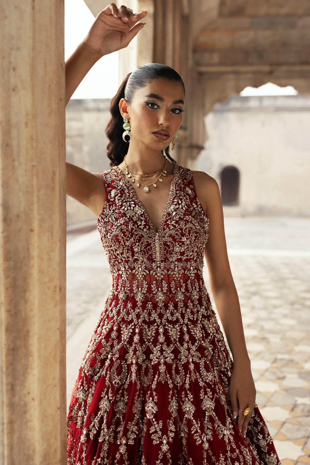 Saad Bin Shahzad Ruhi – deep red gold embroidered bridal pishwas from Sona Gachi Bridals'24 – view 5