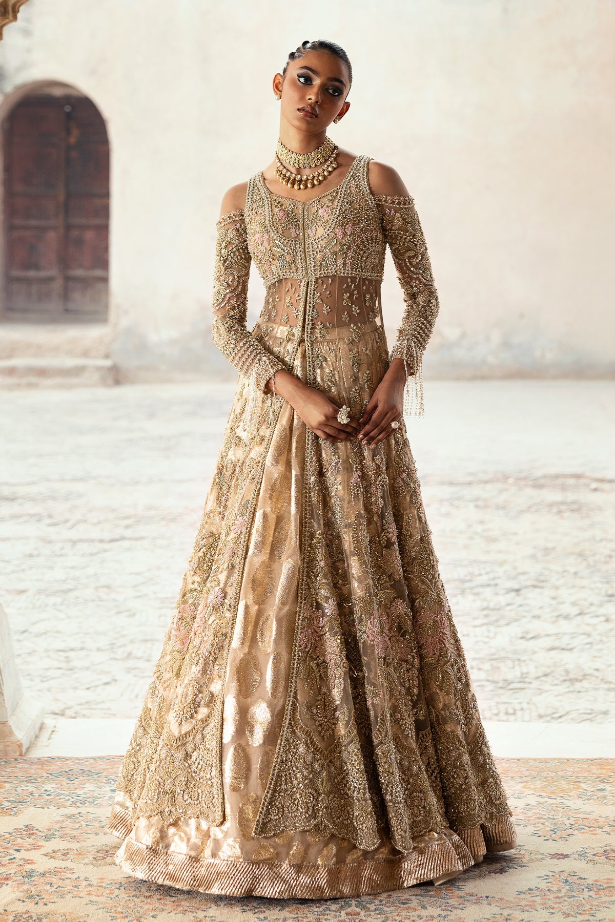 Saad Bin Shahzad Arin – champagne gold embroidered bridal lehenga from Sona Gachi Bridals'24 – view 18