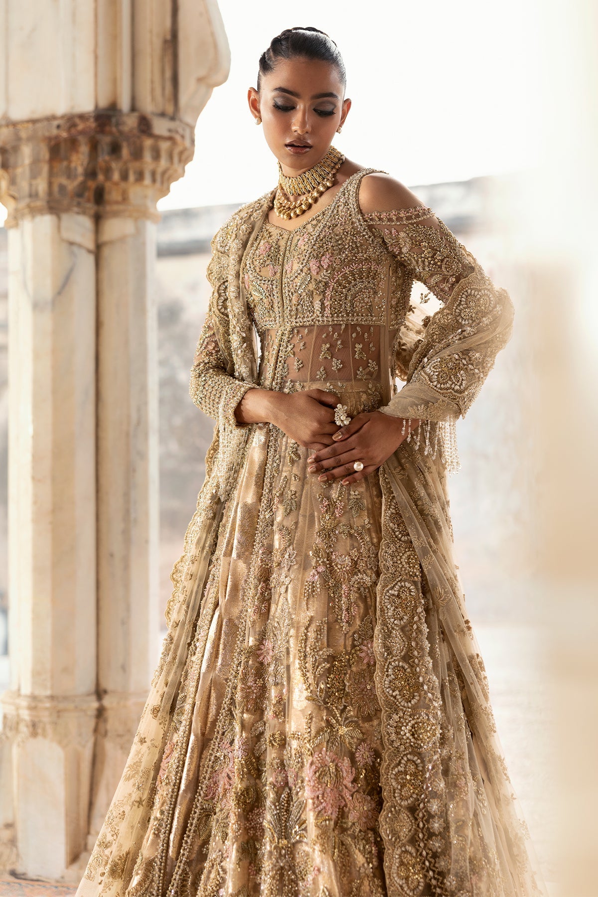 Saad Bin Shahzad Arin – champagne gold embroidered bridal lehenga from Sona Gachi Bridals'24 – view 12