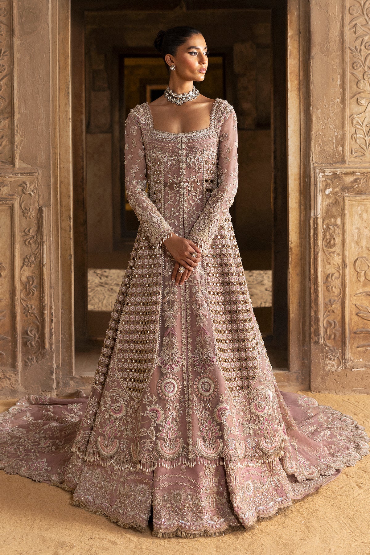 Saad Bin Shahzad Zuri – pearl pink cutwork bridal gown with train from Sona Gachi Bridals'24 – view 2