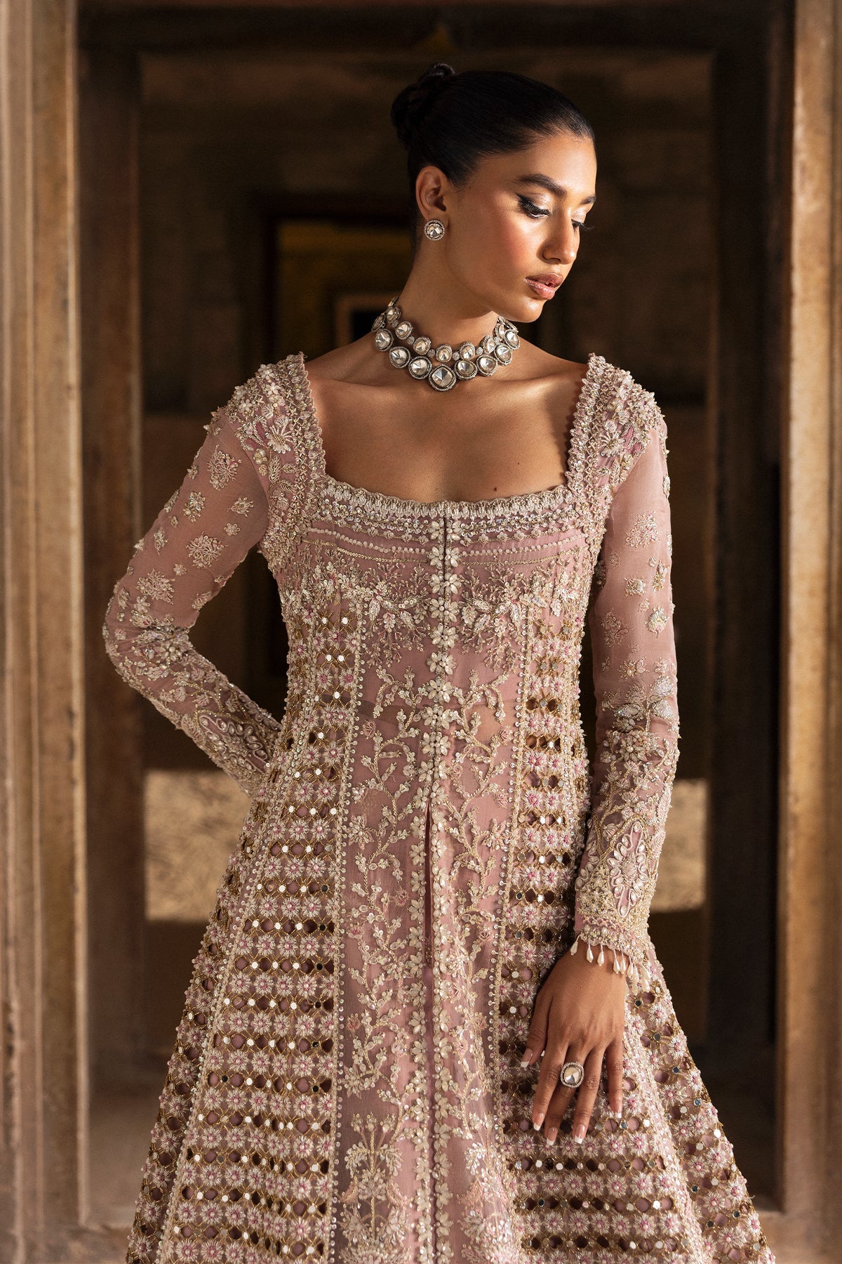 Saad Bin Shahzad Zuri – pearl pink cutwork bridal gown with train from Sona Gachi Bridals'24 – view 4