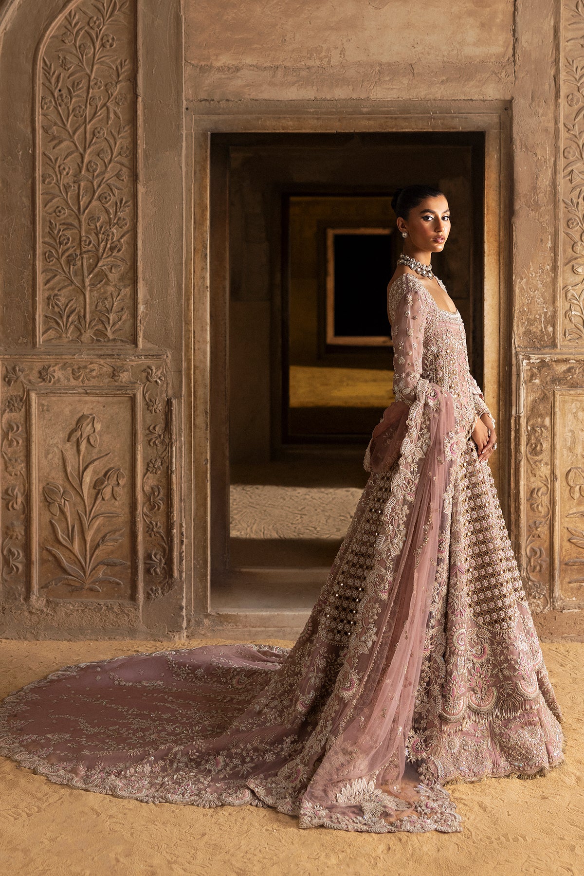 Saad Bin Shahzad Zuri – pearl pink cutwork bridal gown with train from Sona Gachi Bridals'24 – view 8