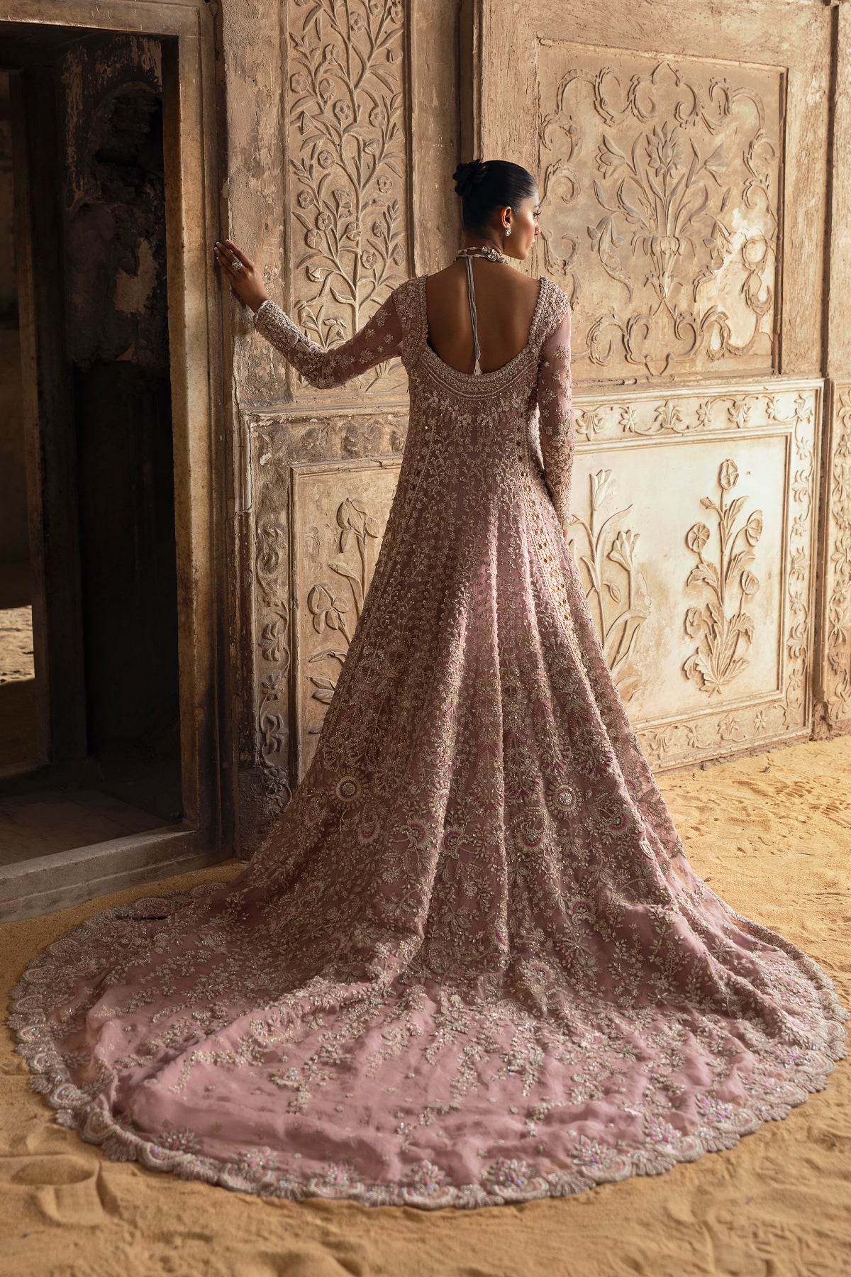 Saad Bin Shahzad Zuri – pearl pink cutwork bridal gown with train from Sona Gachi Bridals'24 – view 3
