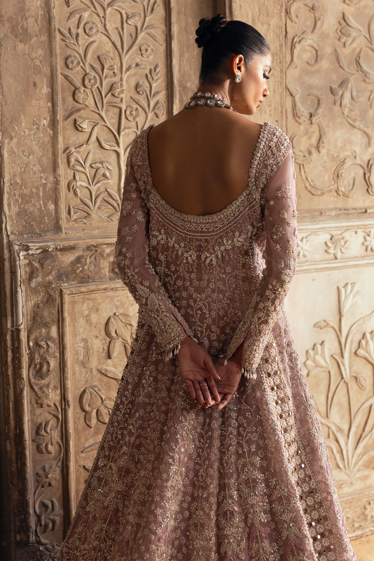 Saad Bin Shahzad Zuri – pearl pink cutwork bridal gown with train from Sona Gachi Bridals'24 – view 7