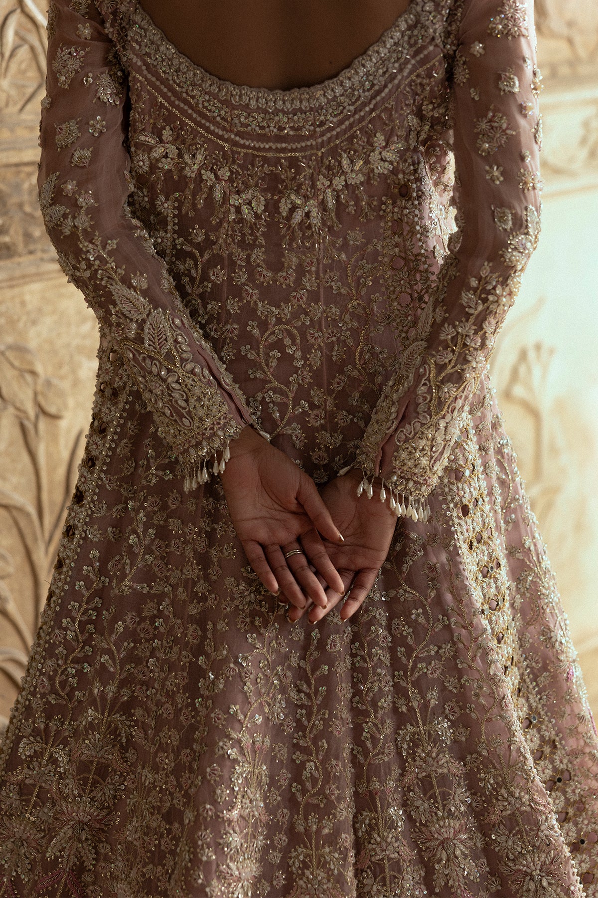 Saad Bin Shahzad Zuri – pearl pink cutwork bridal gown with train from Sona Gachi Bridals'24 – view 10