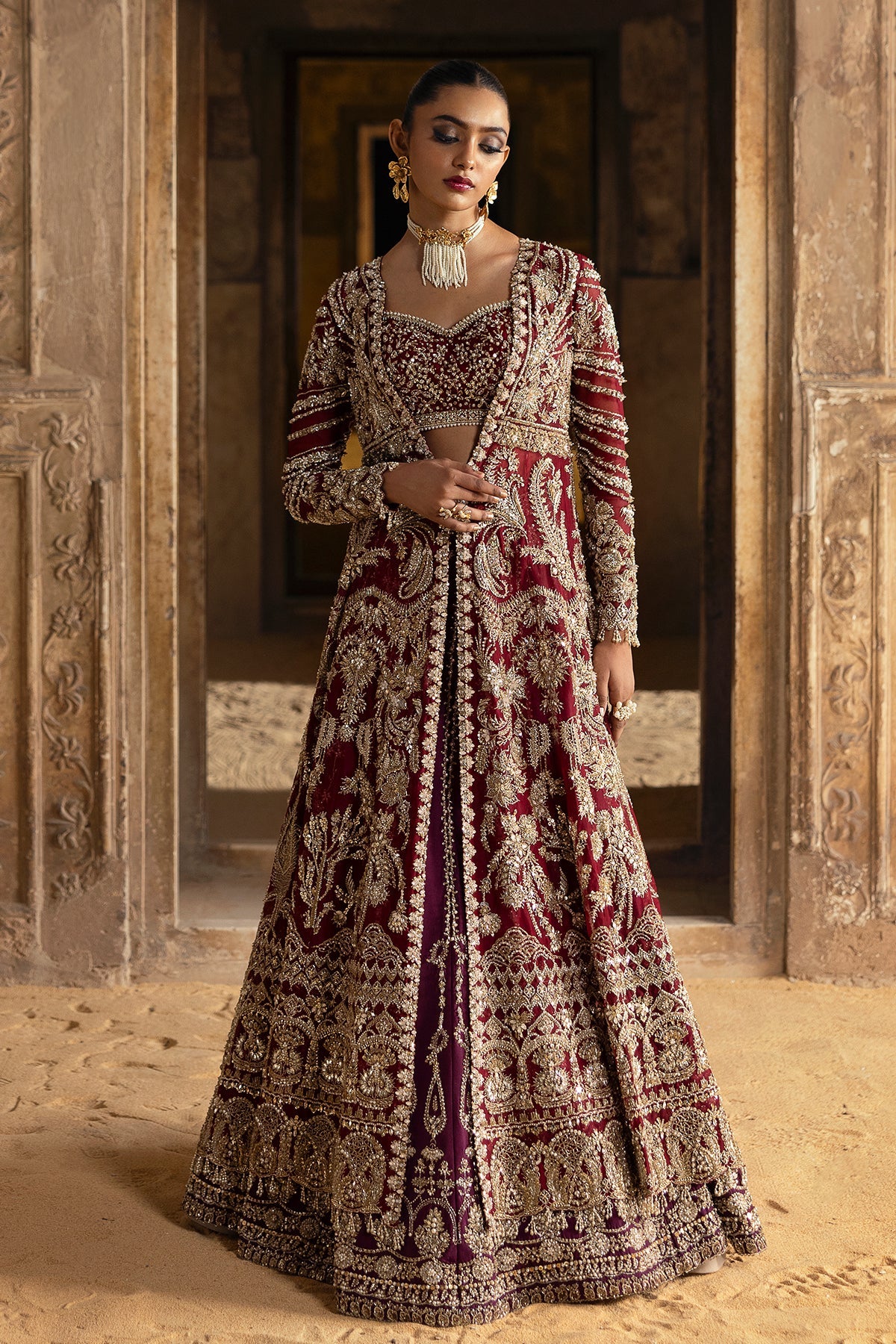 Saad Bin Shahzad Leyla – deep red zardozi kalidar with lehenga from Sona Gachi Bridals'24 – view 8