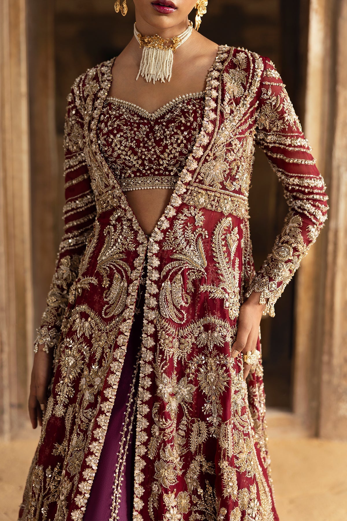 Saad Bin Shahzad Leyla – deep red zardozi kalidar with lehenga from Sona Gachi Bridals'24 – view 11