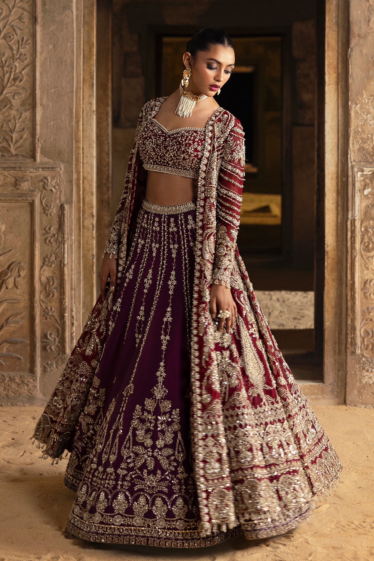 Saad Bin Shahzad Leyla – deep red zardozi kalidar with lehenga from Sona Gachi Bridals'24 – view 12