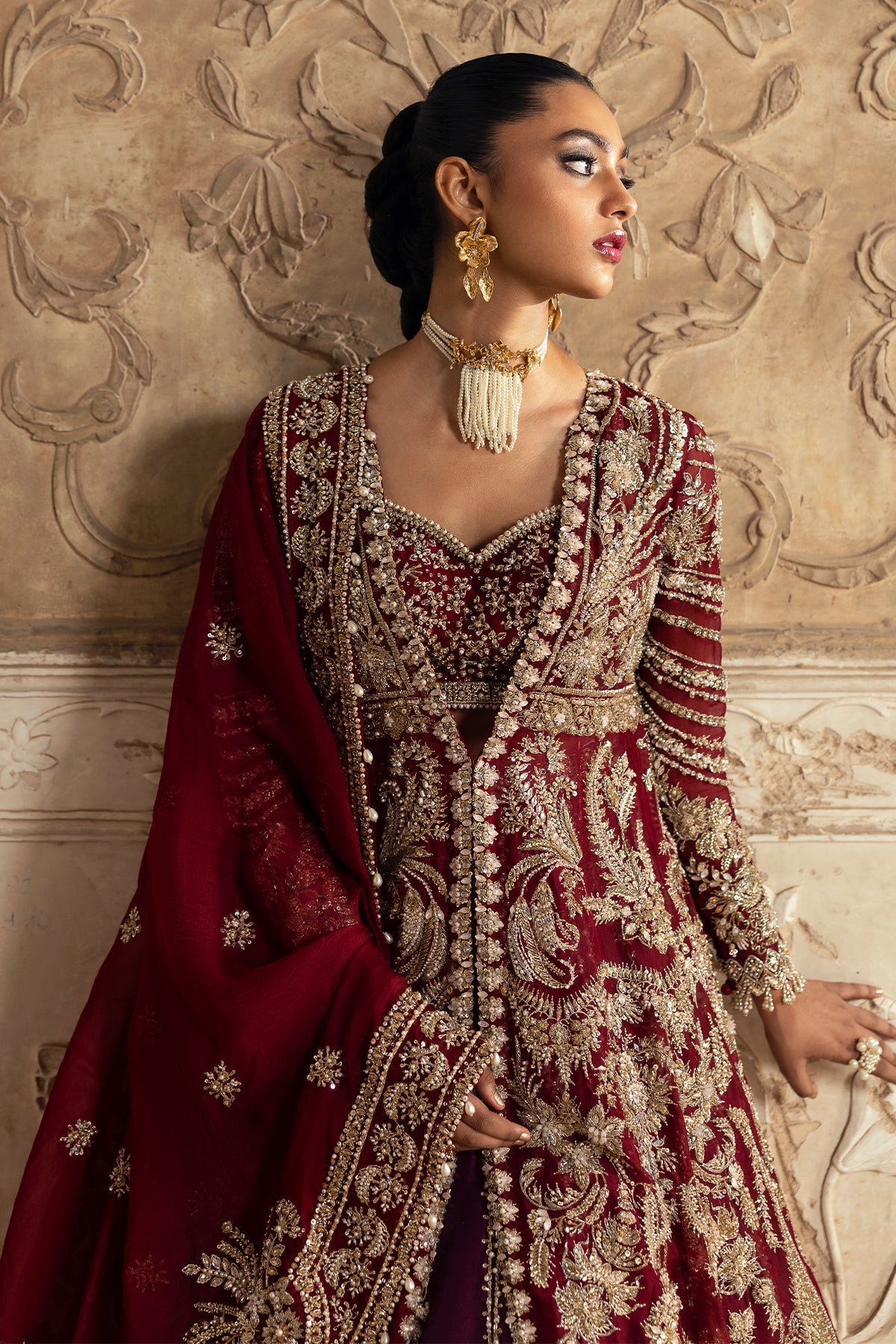 Saad Bin Shahzad Leyla – deep red zardozi kalidar with lehenga from Sona Gachi Bridals'24 – view 14