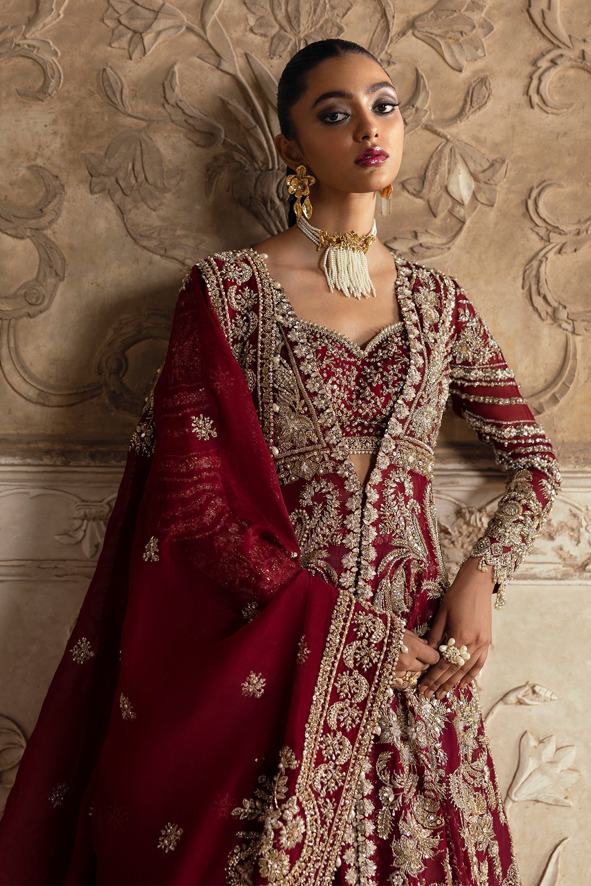 Saad Bin Shahzad Leyla – deep red zardozi kalidar with lehenga from Sona Gachi Bridals'24 – view 15
