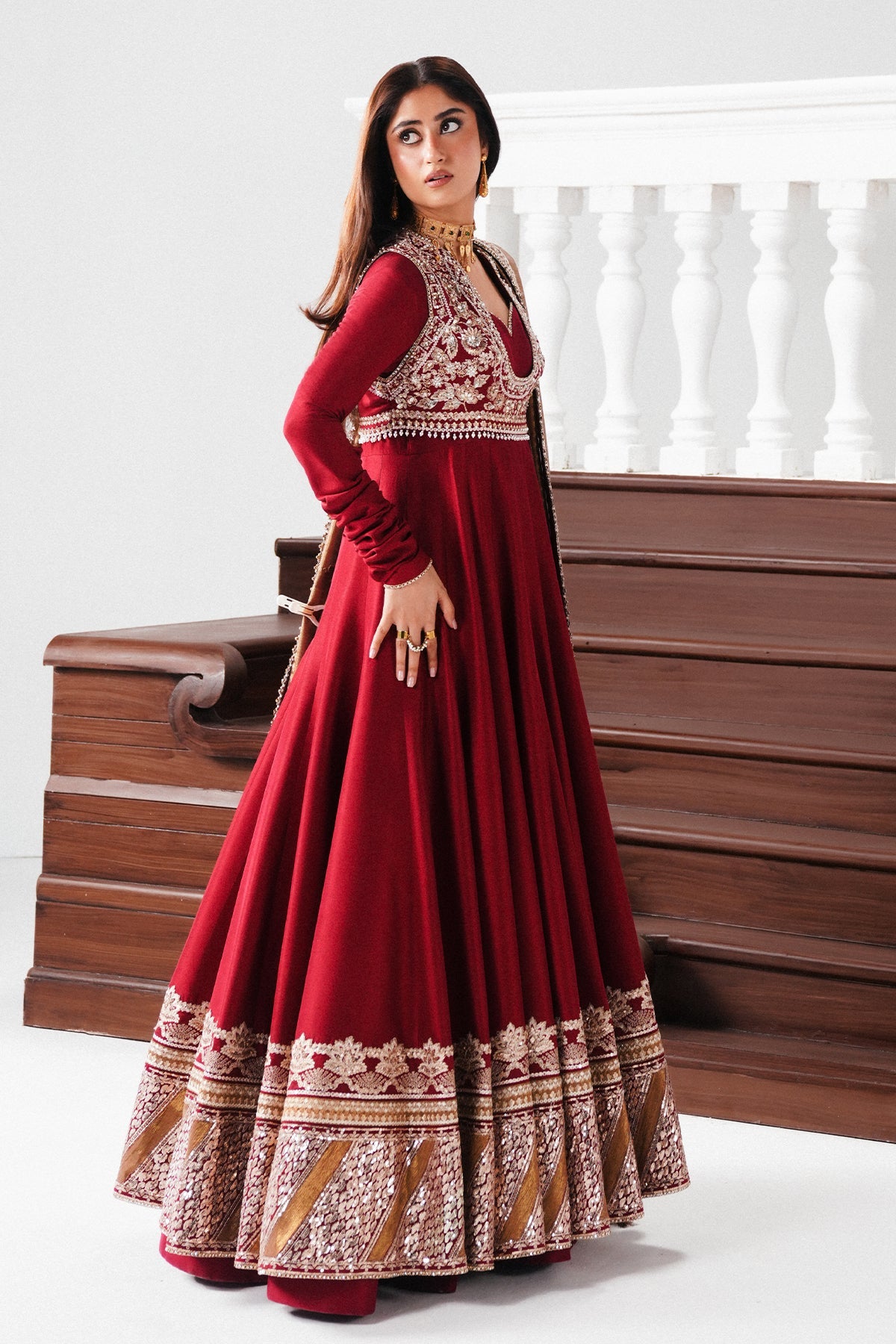 Saad Bin Shahzad Rayan – deep red raw silk pishwas with embellished koti from Festive Pret'26 – view 8