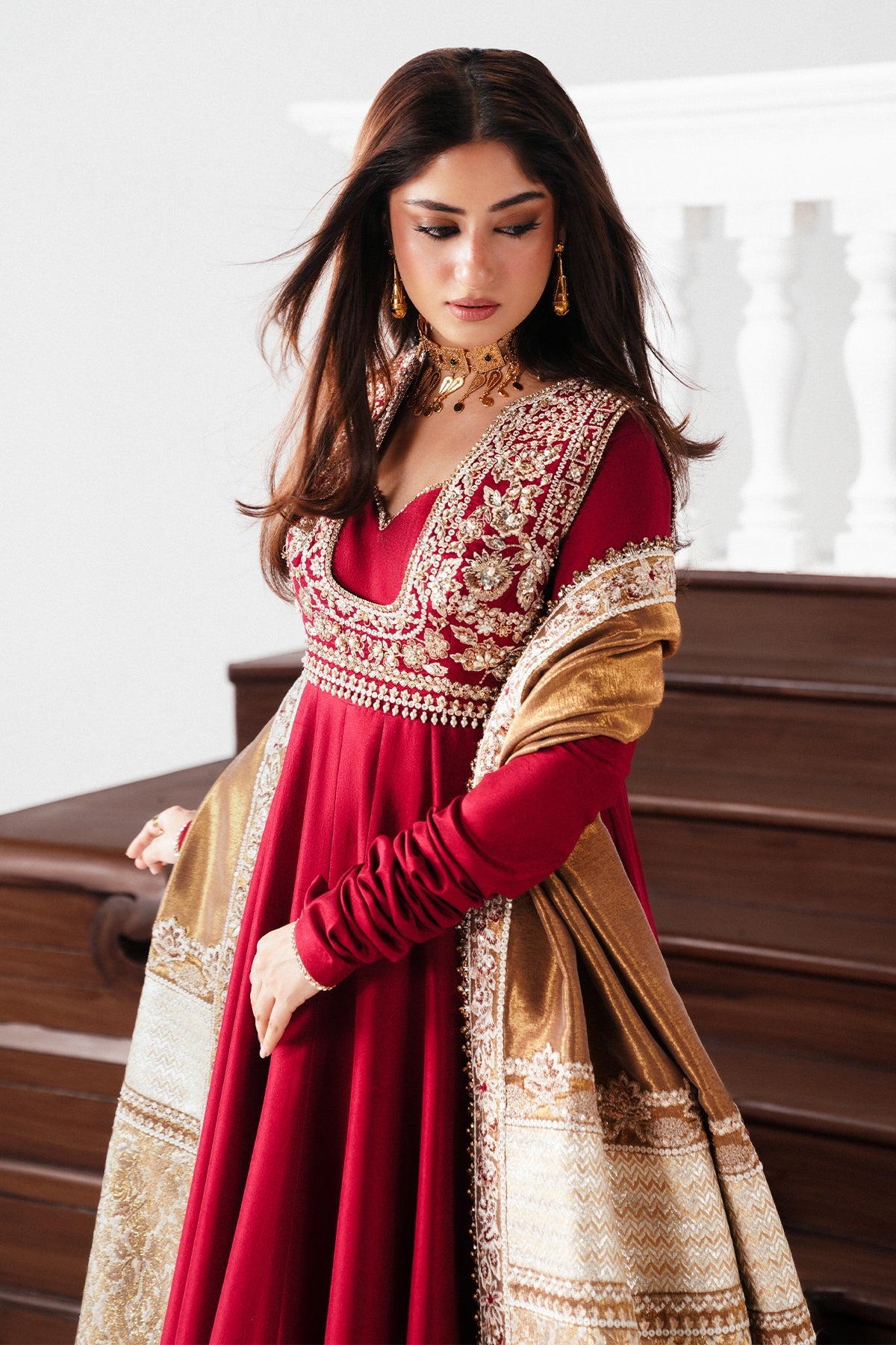Saad Bin Shahzad Rayan – deep red raw silk pishwas with embellished koti from Festive Pret'26 – view 3