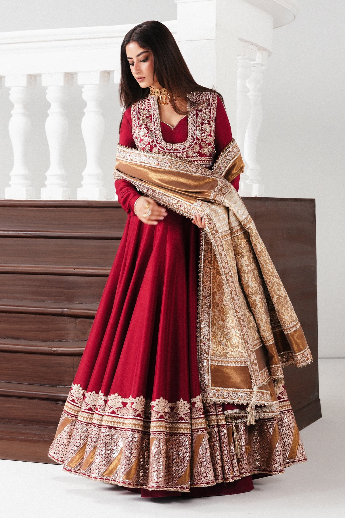 Saad Bin Shahzad Rayan – deep red raw silk pishwas with embellished koti from Festive Pret'26 – view 9