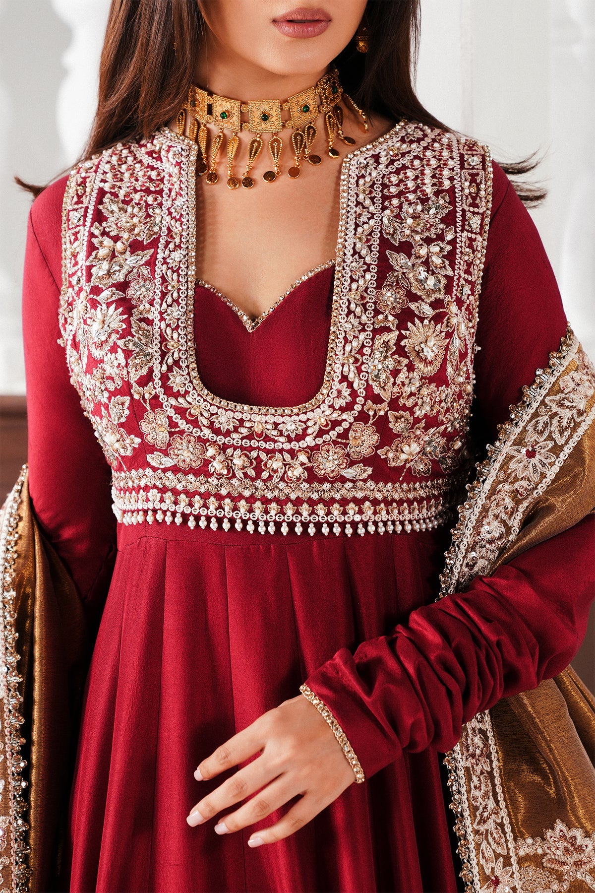 Saad Bin Shahzad Rayan – deep red raw silk pishwas with embellished koti from Festive Pret'26 – view 4