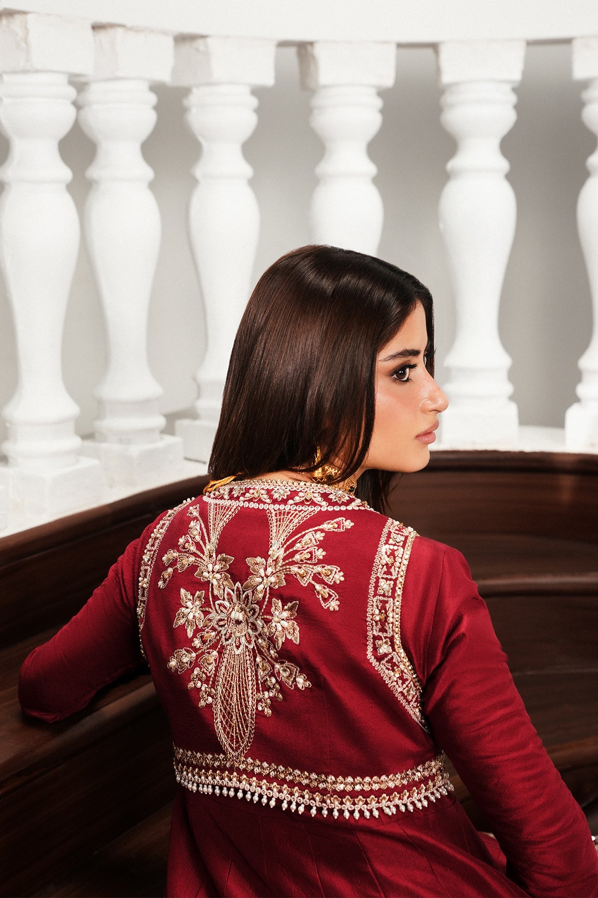Saad Bin Shahzad Rayan – deep red raw silk pishwas with embellished koti from Festive Pret'26 – view 5