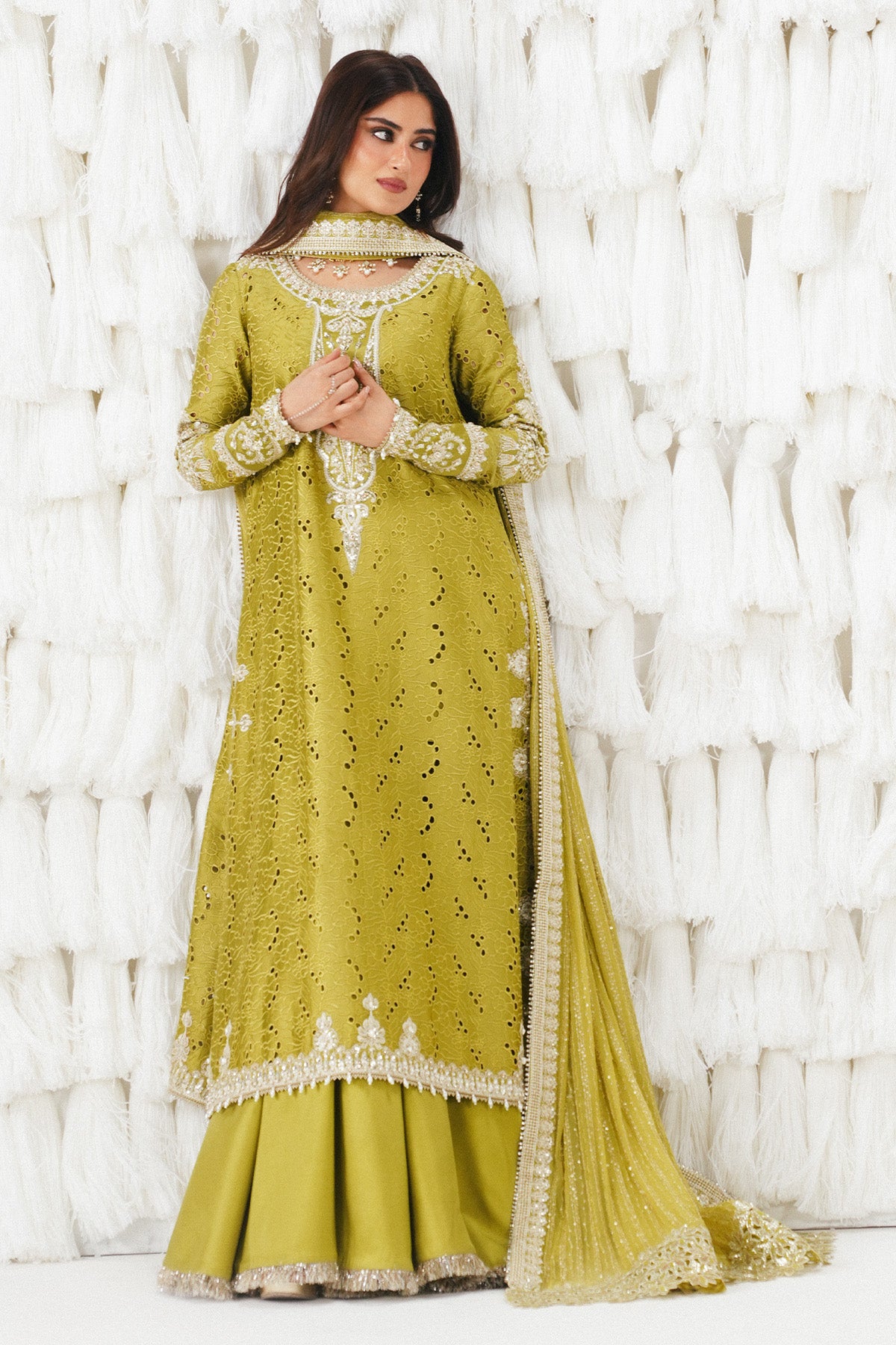 Saad Bin Shahzad Meher – olive green shifli embroidered raw silk sharara suit from Festive Pret'26 – view 5