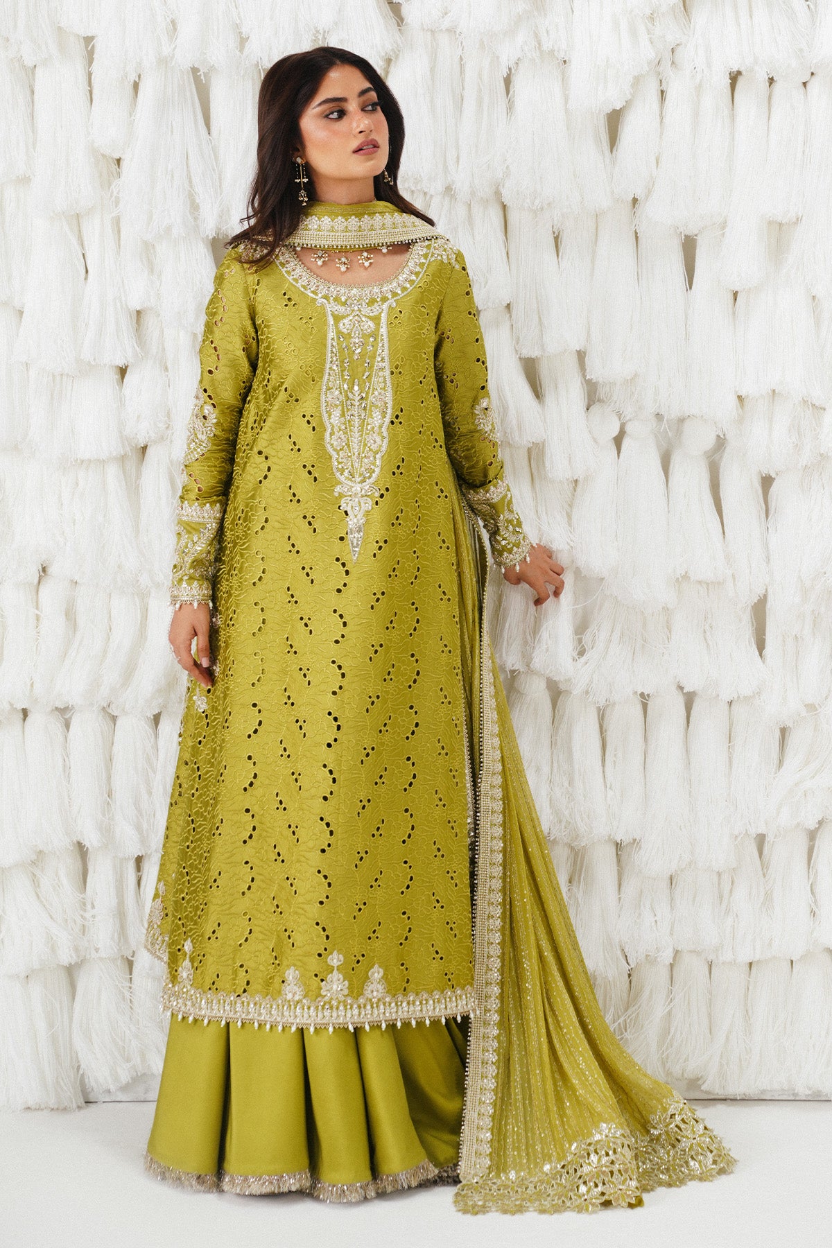Saad Bin Shahzad Meher – olive green shifli embroidered raw silk sharara suit from Festive Pret'26