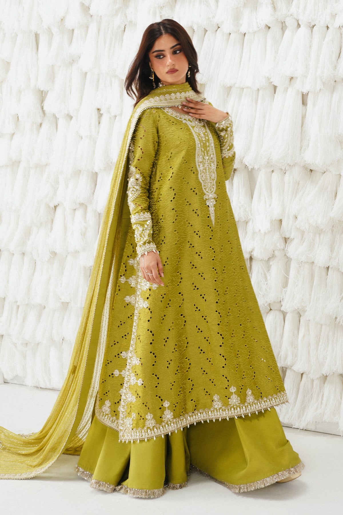 Saad Bin Shahzad Meher – olive green shifli embroidered raw silk sharara suit from Festive Pret'26 – view 6