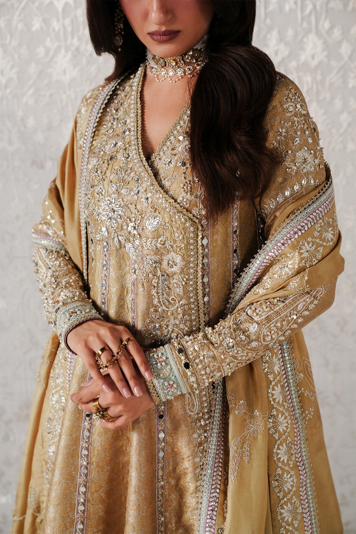 Saad Bin Shahzad Ayam – champagne gold jamawar angrakha with sharara from Festive Pret'26 – view 4