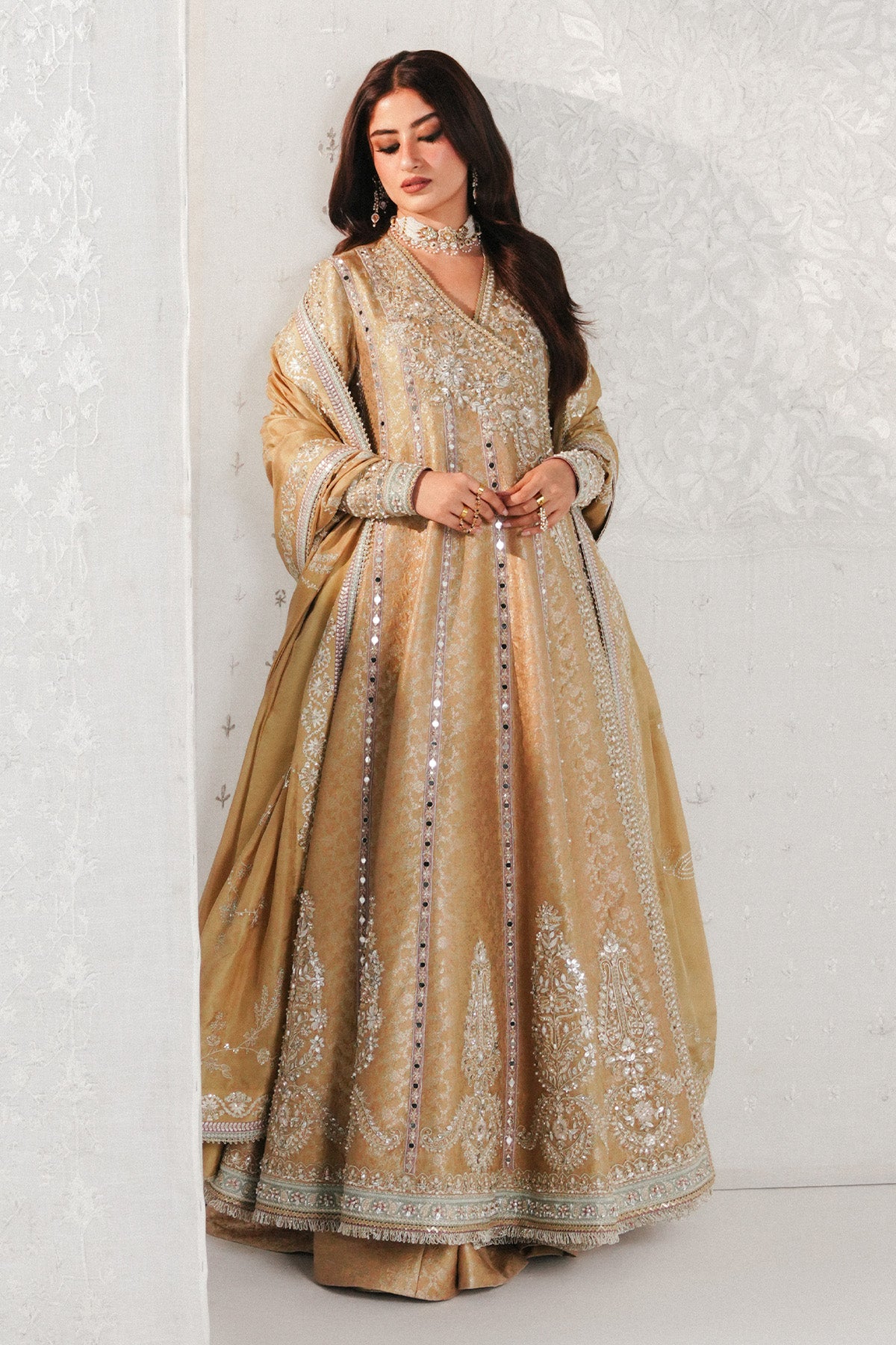 Saad Bin Shahzad Ayam – champagne gold jamawar angrakha with sharara from Festive Pret'26 – view 7