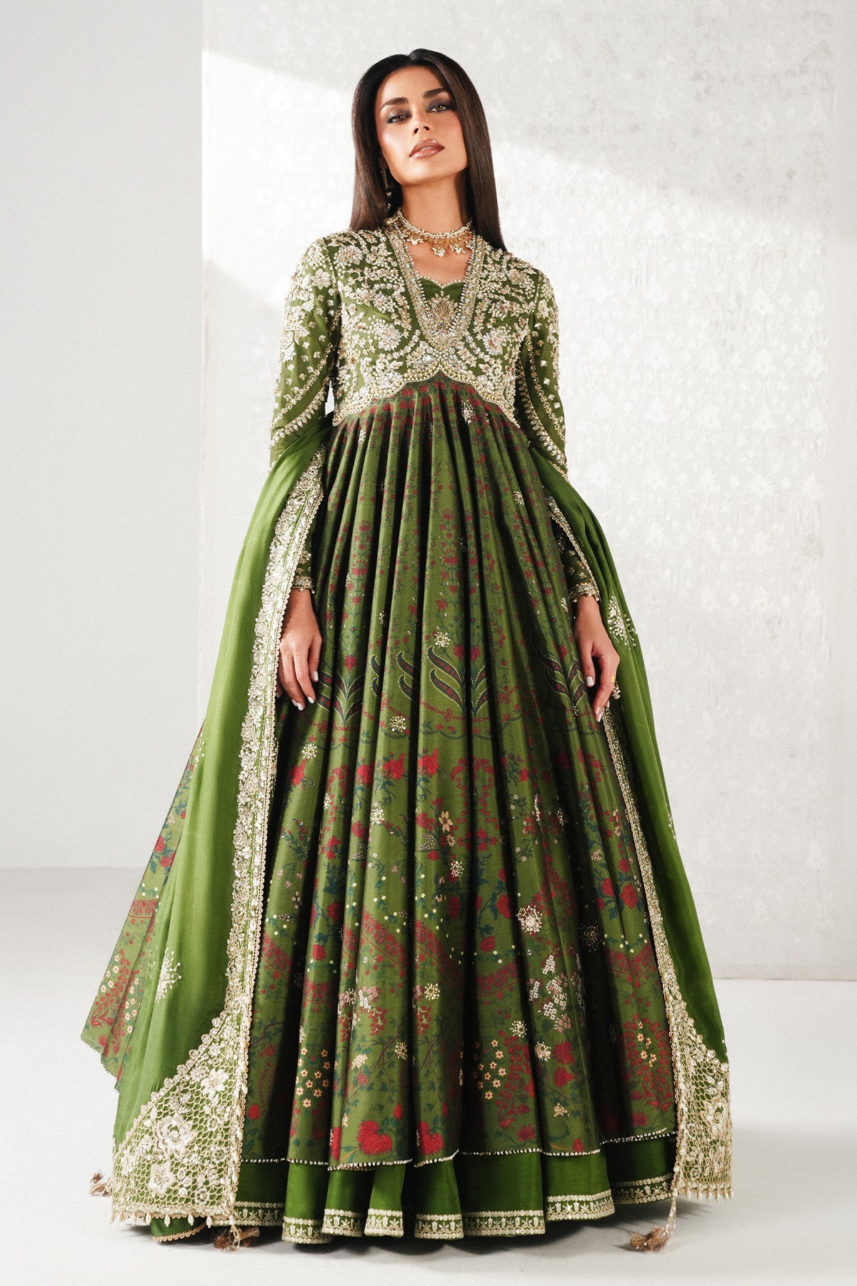 Saad Bin Shahzad Habyah – deep green printed raw silk pishwas with lehenga from Festive Pret'26 – view 5