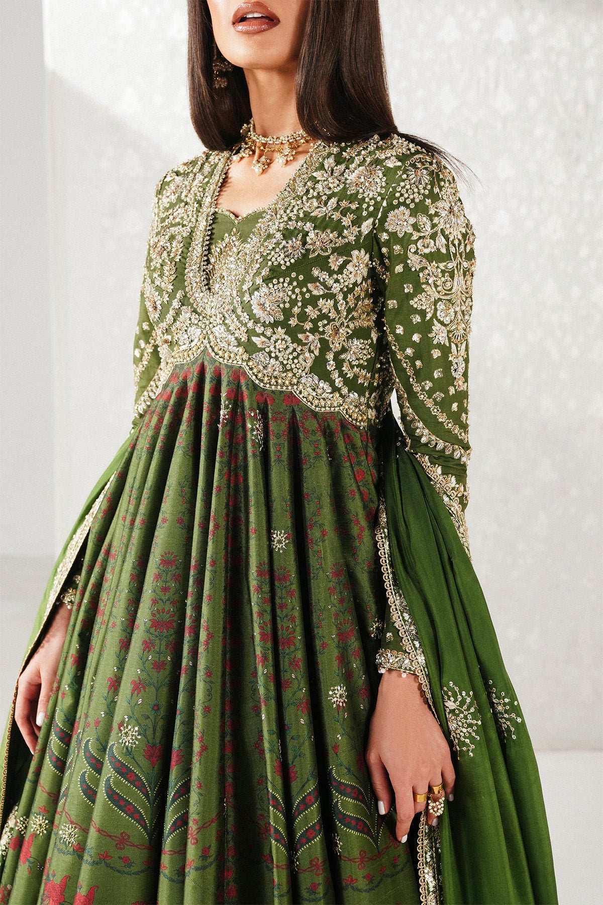 Saad Bin Shahzad Habyah – deep green printed raw silk pishwas with lehenga from Festive Pret'26 – view 3