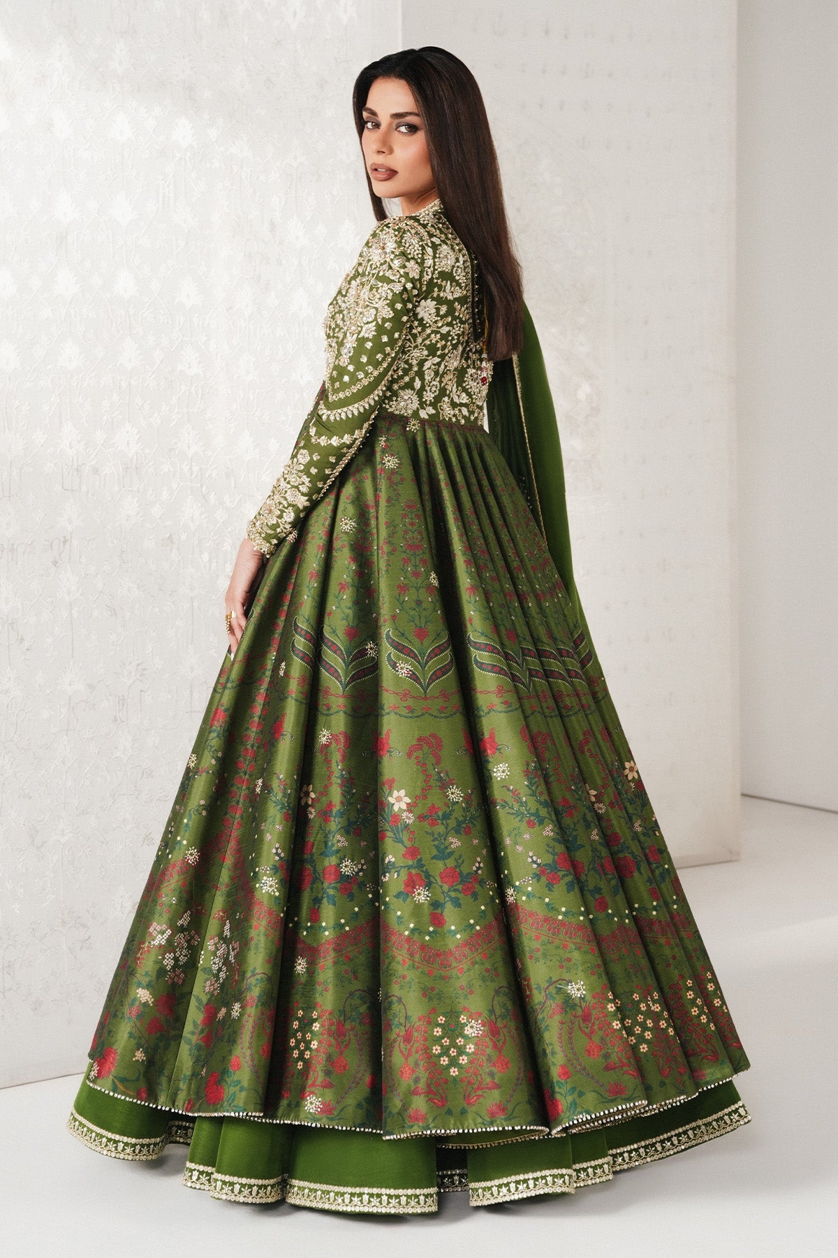 Saad Bin Shahzad Habyah – deep green printed raw silk pishwas with lehenga from Festive Pret'26 – view 4