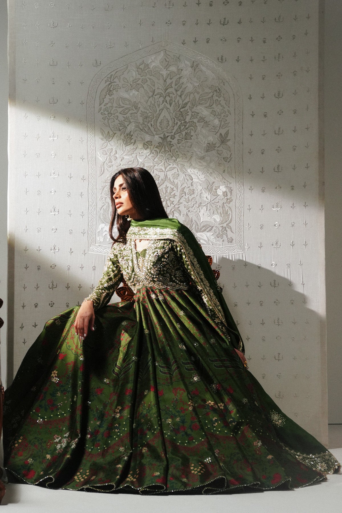 Saad Bin Shahzad Habyah – deep green printed raw silk pishwas with lehenga from Festive Pret'26 – view 7