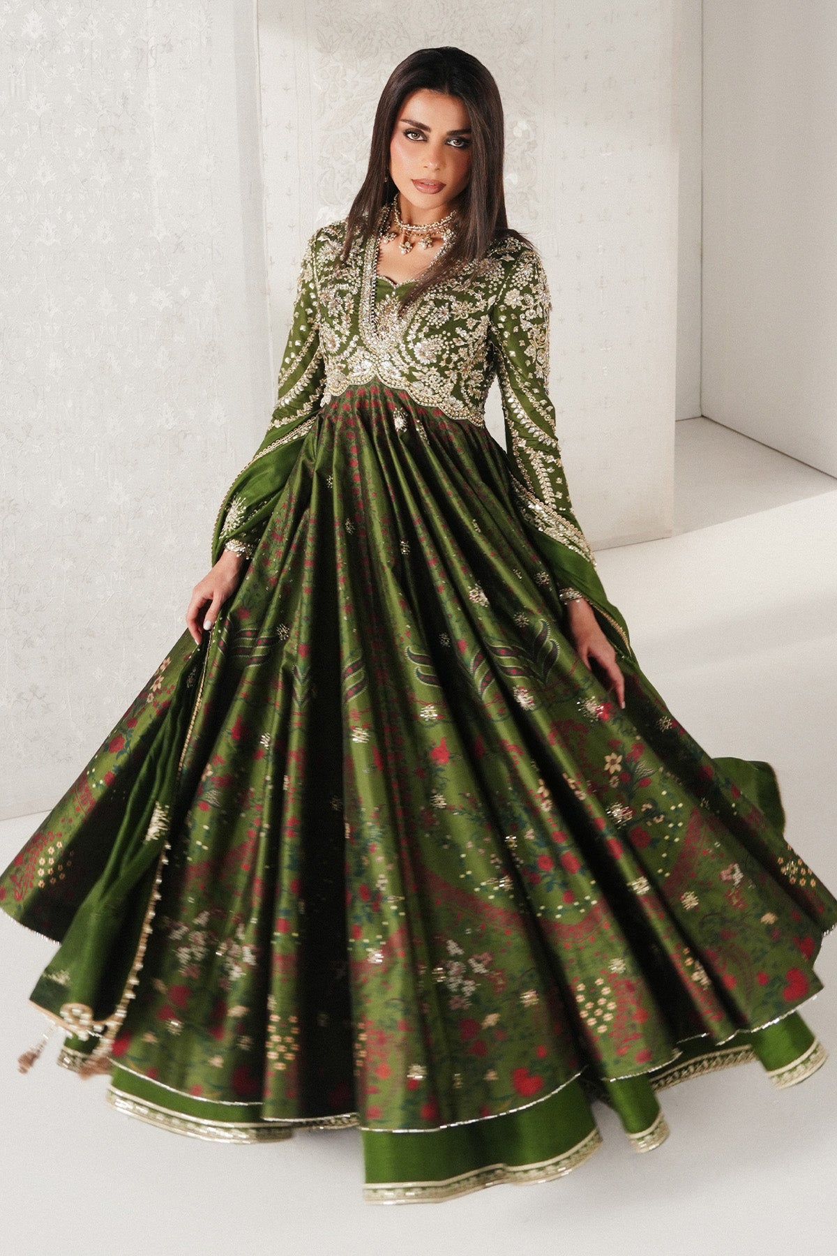 Saad Bin Shahzad Habyah – deep green printed raw silk pishwas with lehenga from Festive Pret'26 – view 6