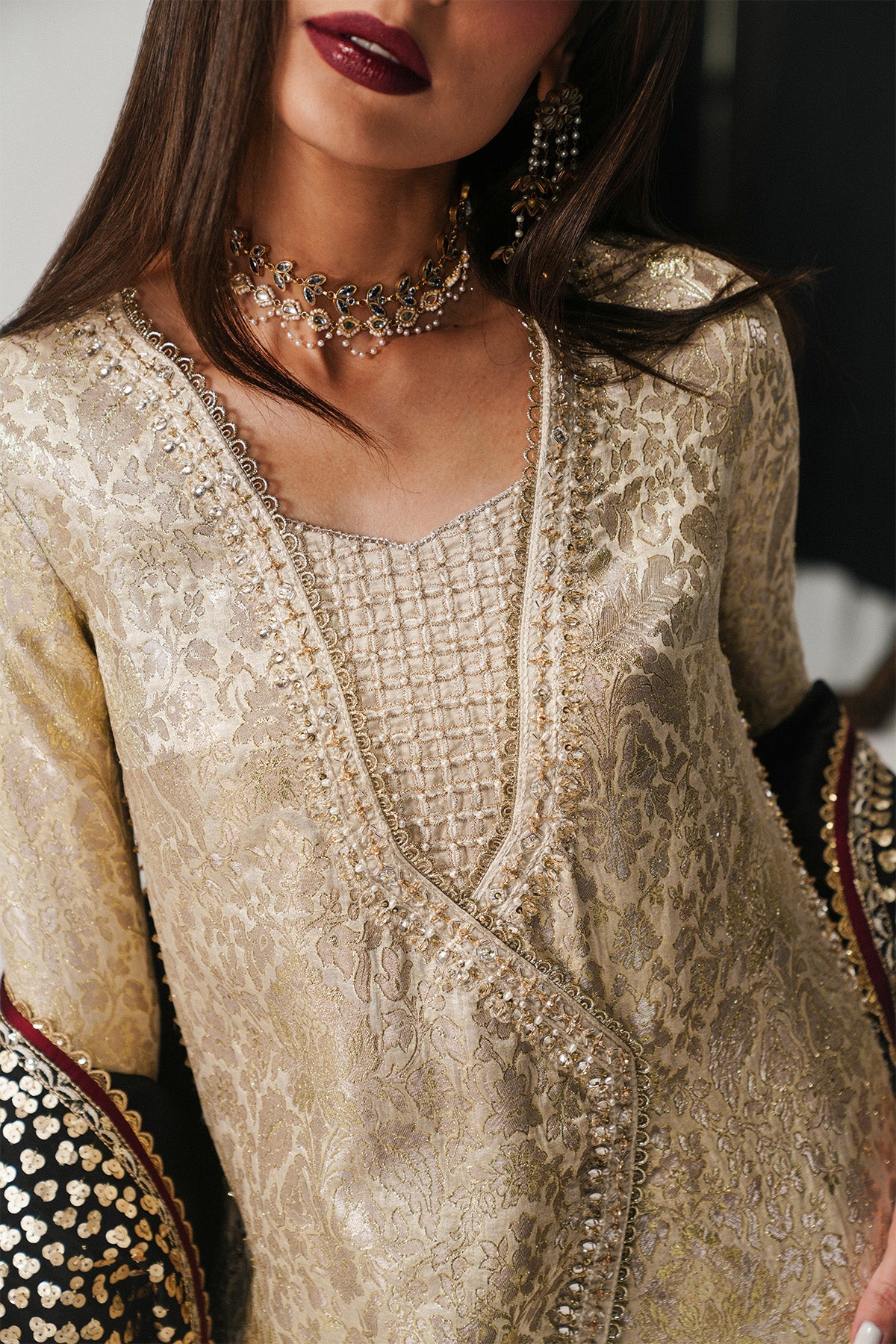 Saad Bin Shahzad Meznah – off-white gold jamawar angrakha with black dupatta from Festive Pret'26 – view 4