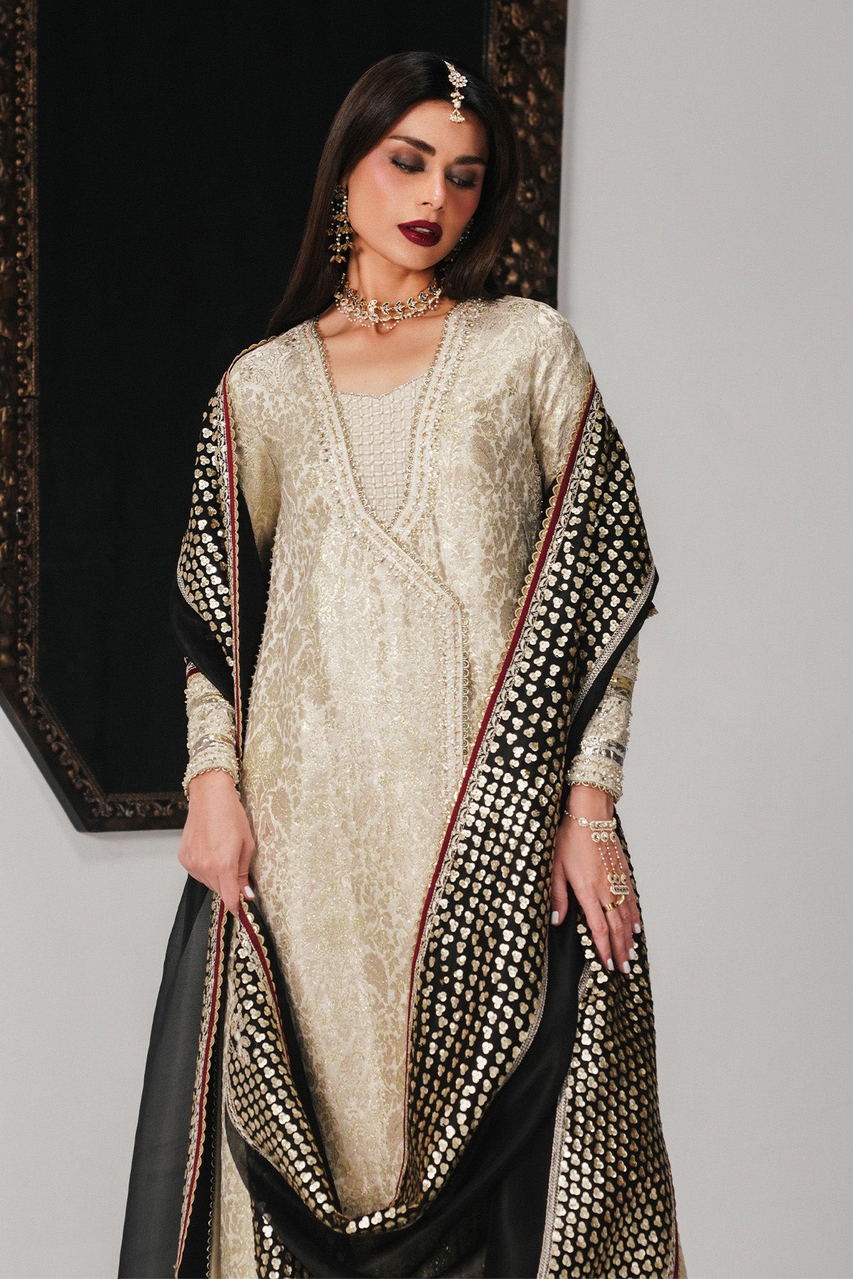 Saad Bin Shahzad Meznah – off-white gold jamawar angrakha with black dupatta from Festive Pret'26 – view 3