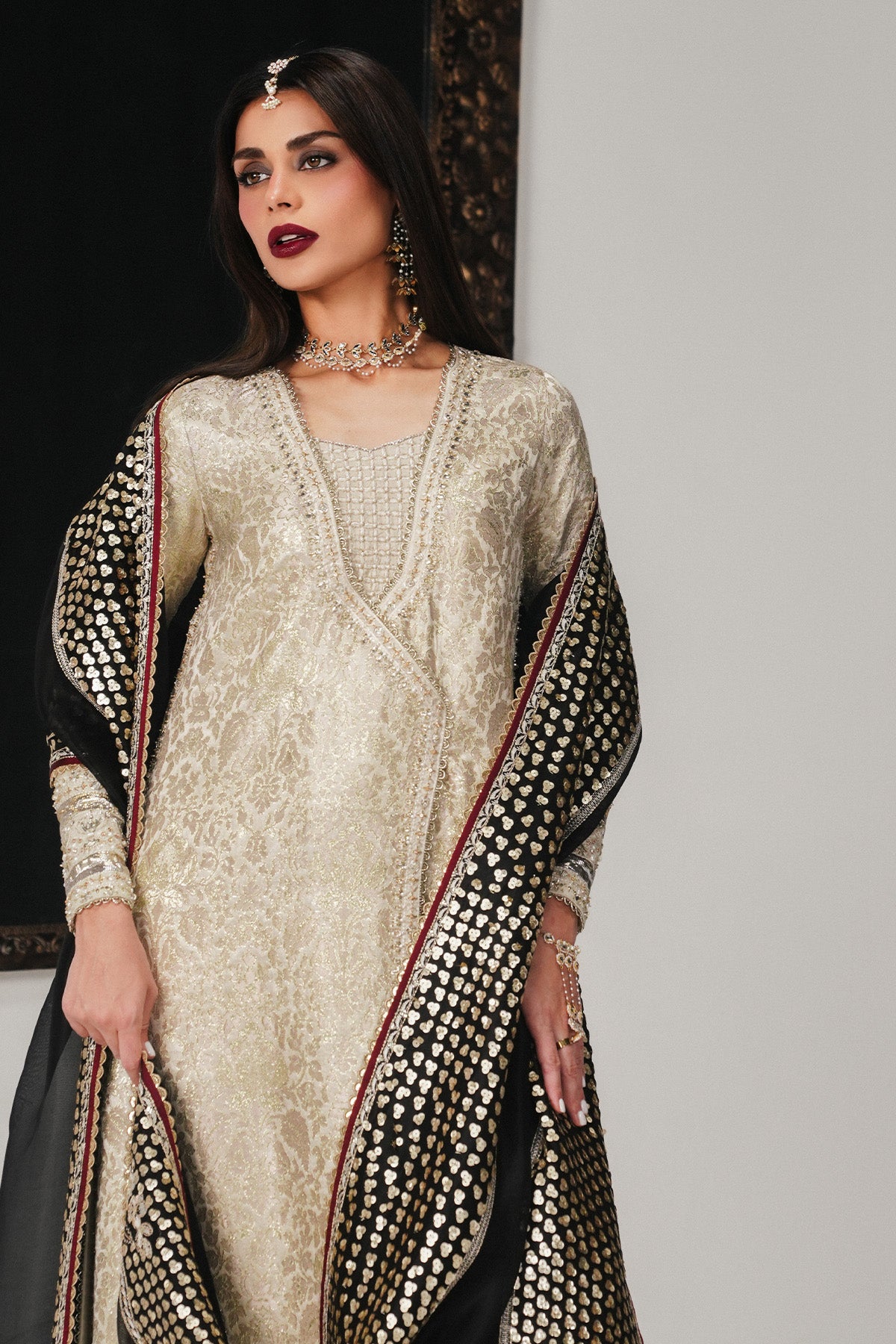 Saad Bin Shahzad Meznah – off-white gold jamawar angrakha with black dupatta from Festive Pret'26 – view 6