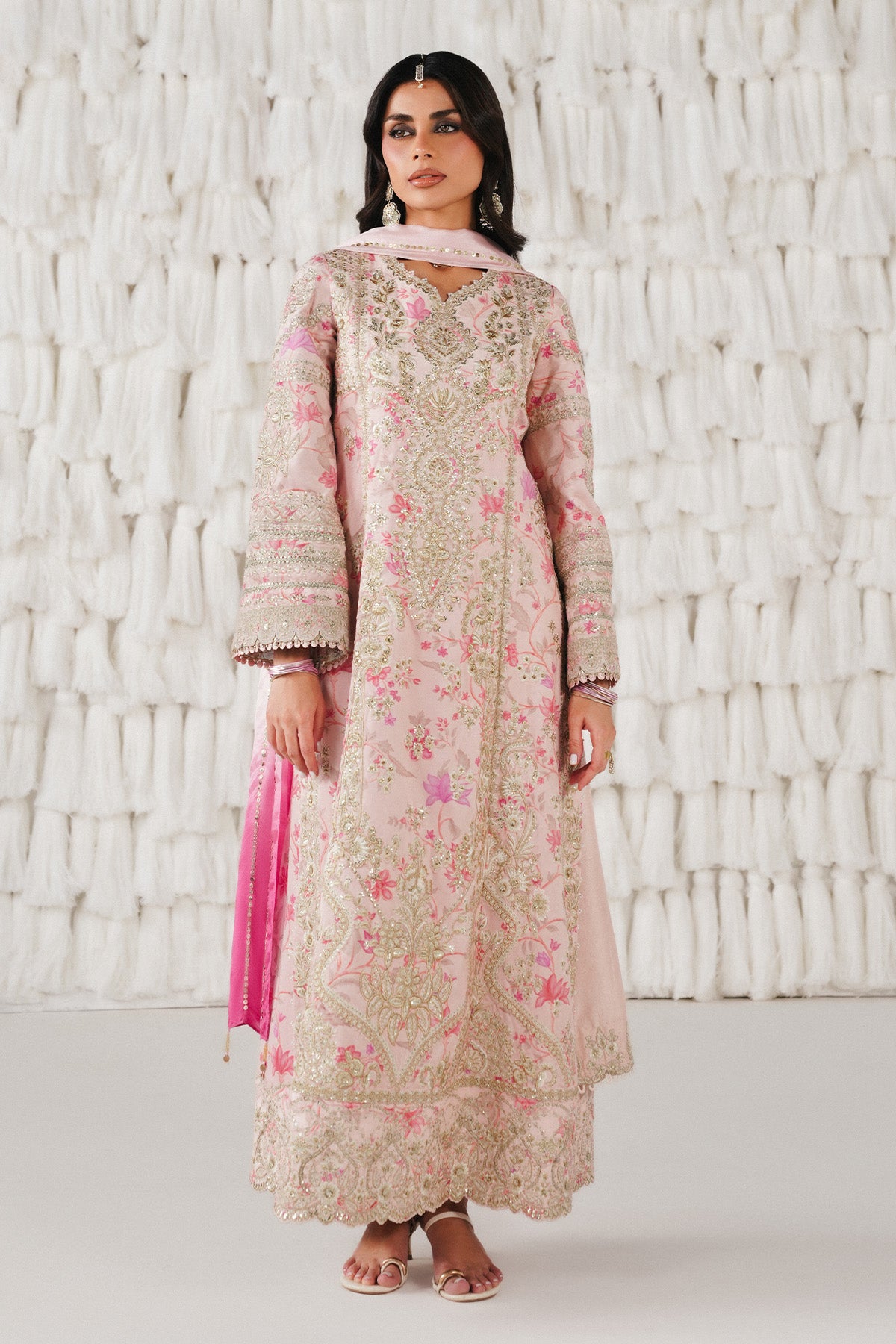 Saad Bin Shahzad Azva – baby pink printed velvet kurta with gold embroidery from Festive Pret'26