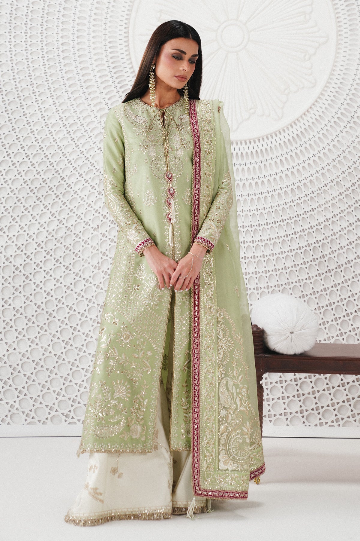 Saad Bin Shahzad Reeha – mint green embroidered raw silk front-open kurta with trousers from Festive Pret'26