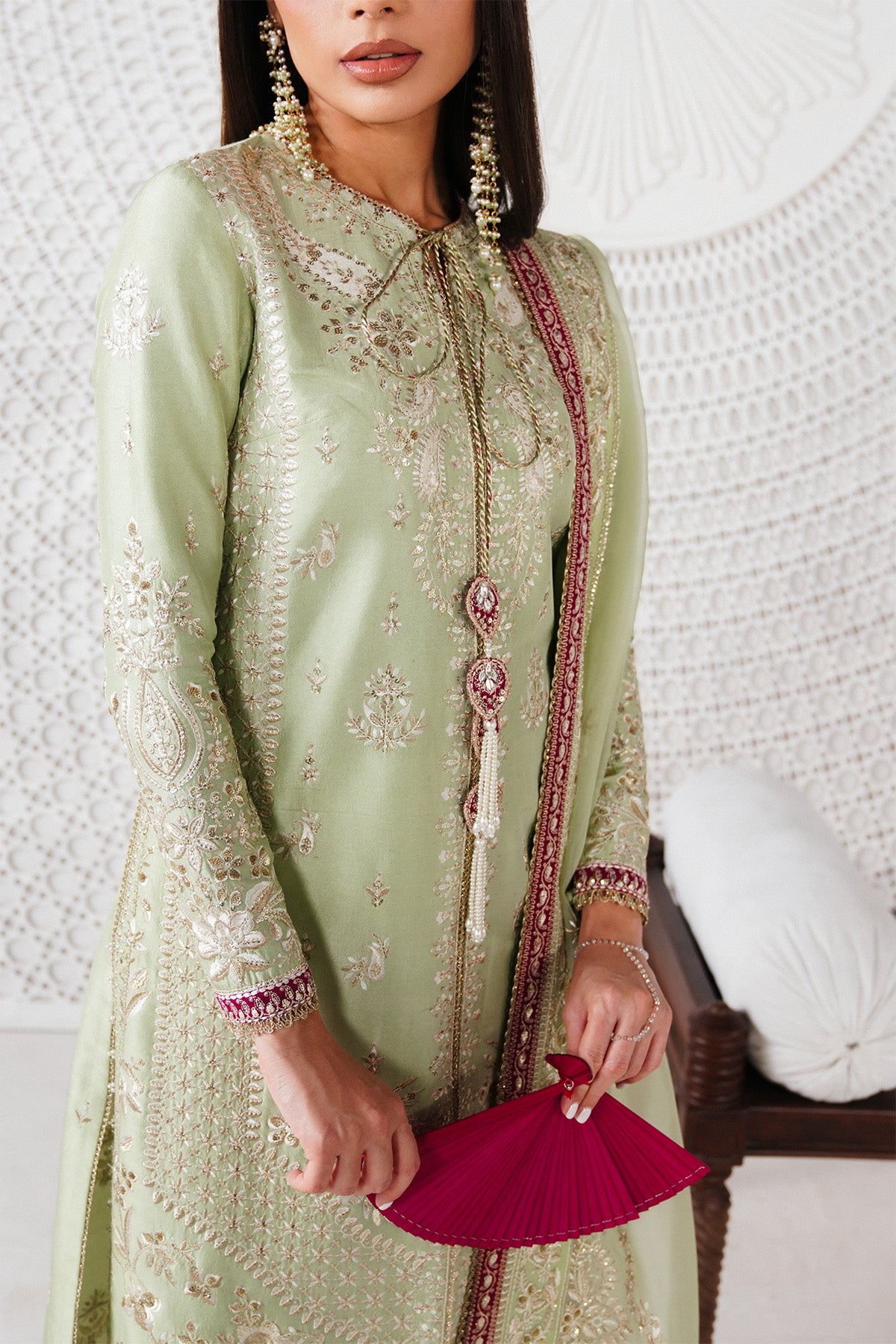 Saad Bin Shahzad Reeha – mint green embroidered raw silk front-open kurta with trousers from Festive Pret'26 – view 4